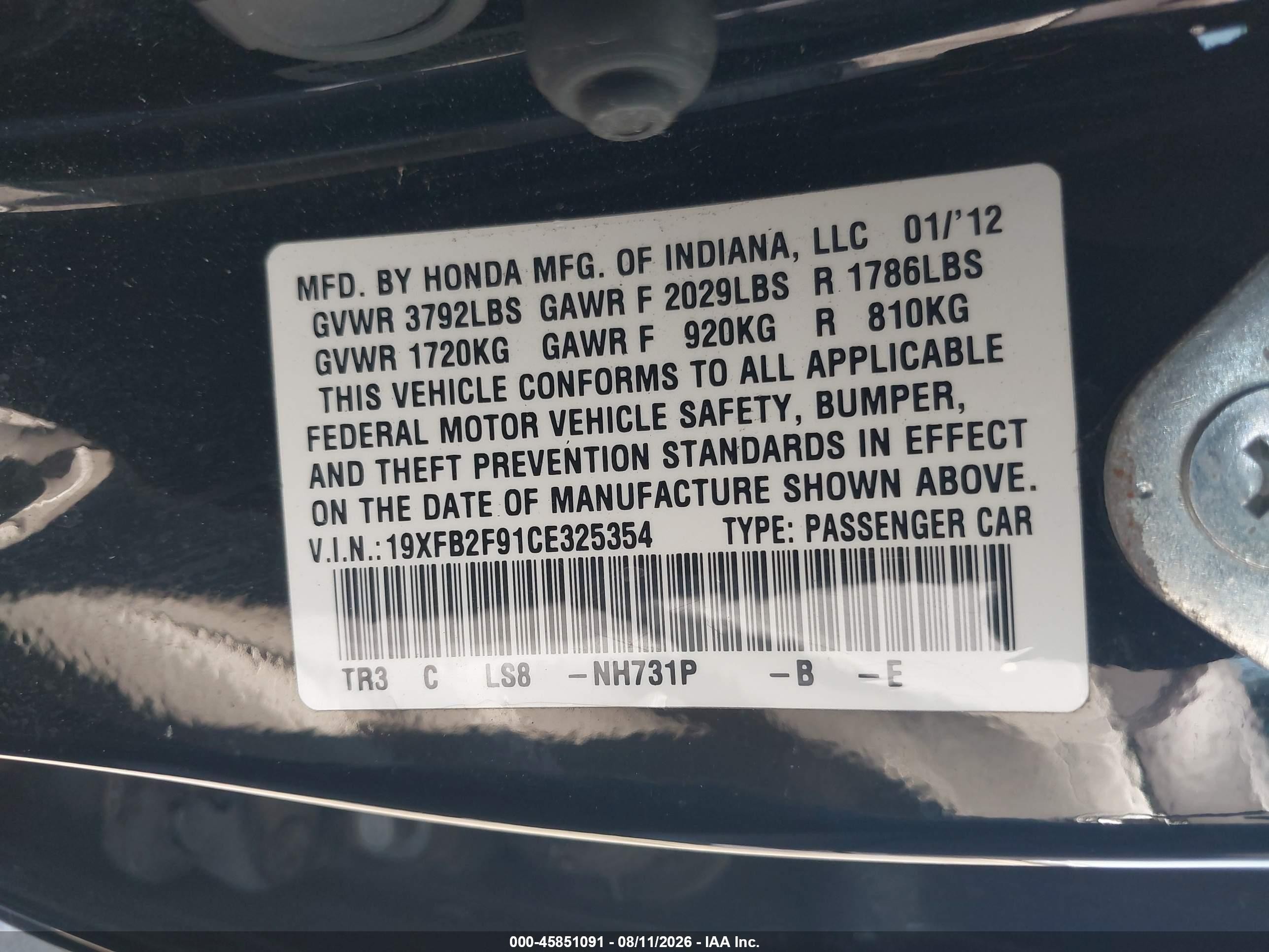 2012 Honda Civic Ex-l Black vin: 19XFB2F91CE325354
