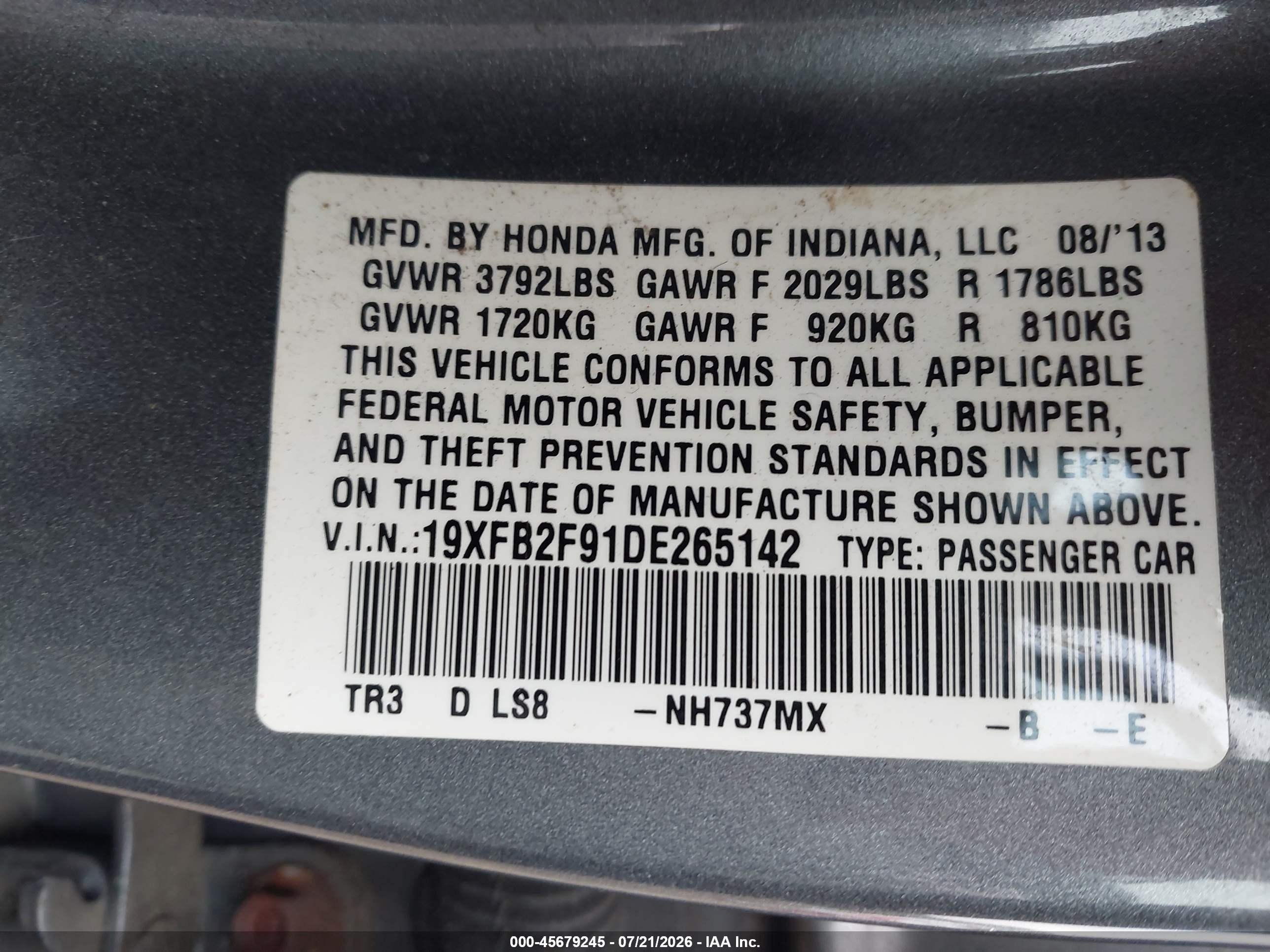 2013 Honda Civic Ex-l Серый vin: 19XFB2F91DE265142
