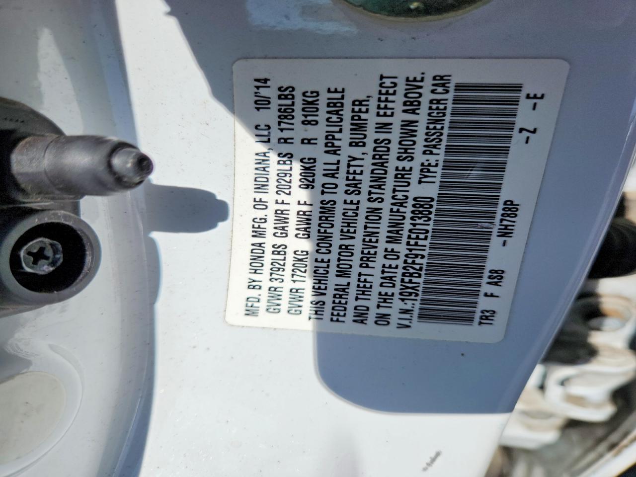 2015 Honda Civic White vin: 19XFB2F91FE013880