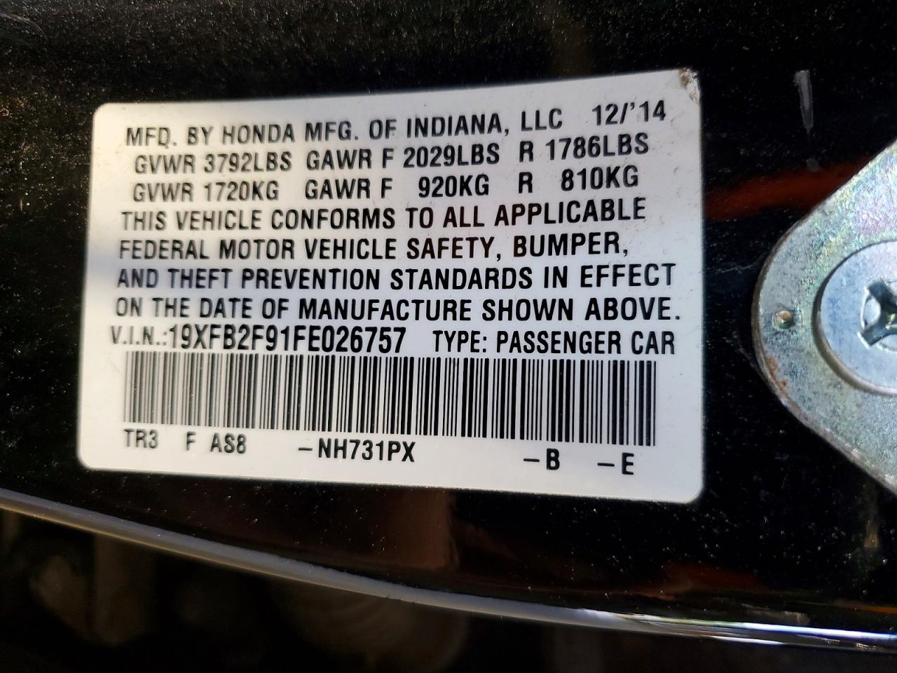 2015 Honda Civic Exl Black vin: 19XFB2F91FE026757