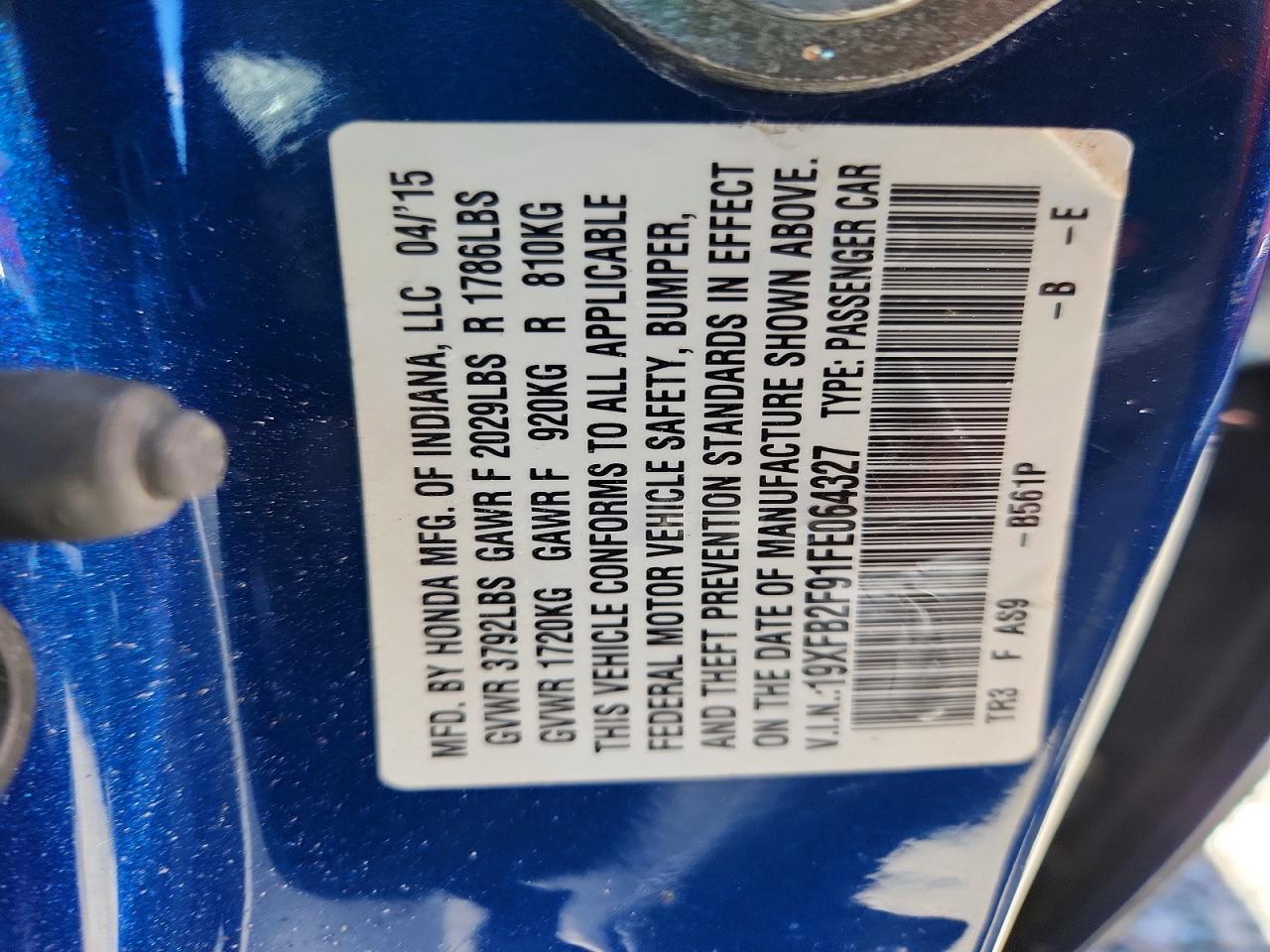 2015 Honda Civic Exl Blue vin: 19XFB2F91FE064327