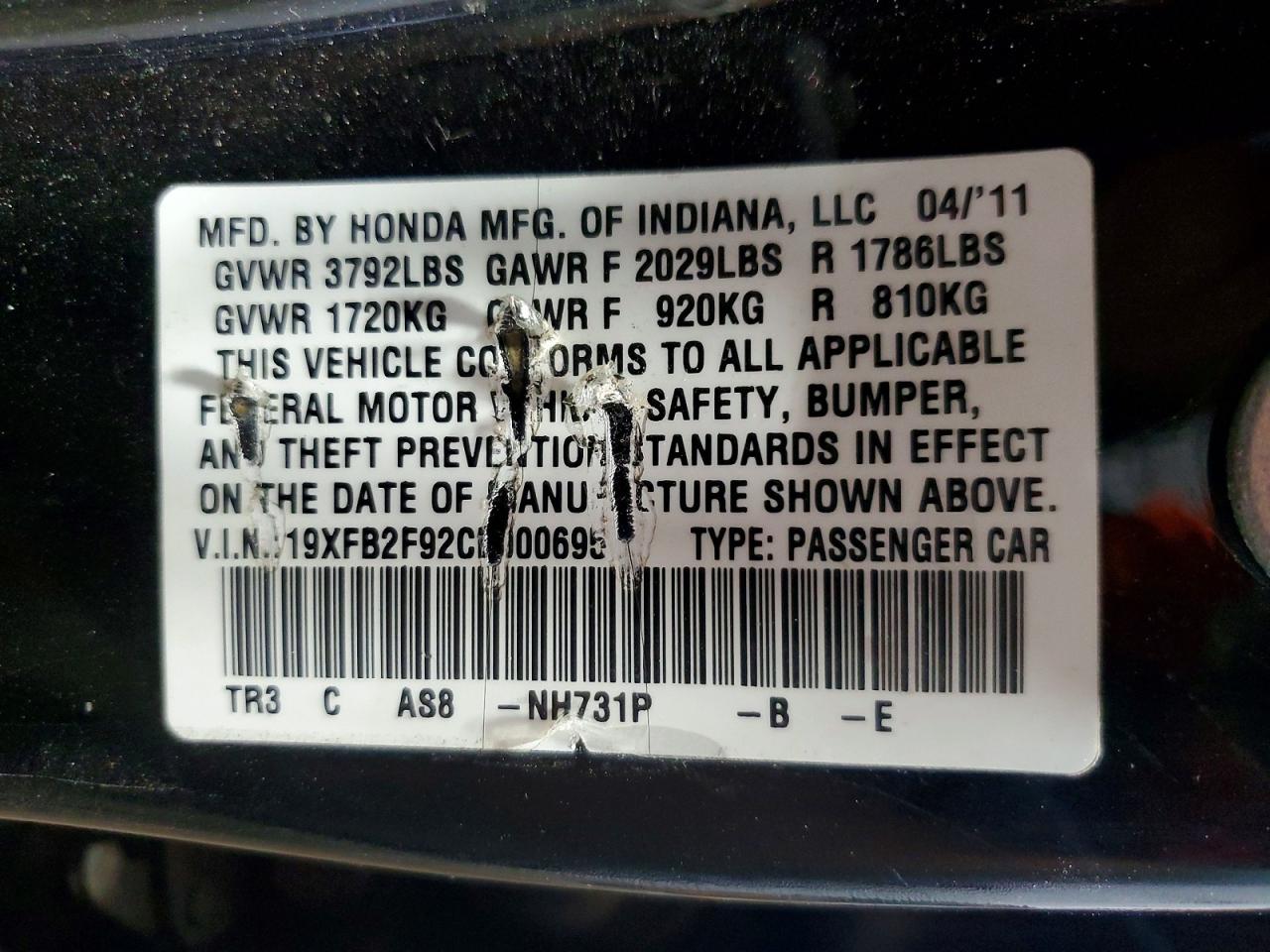 2012 Honda Civic Exl Black vin: 19XFB2F92CE000695