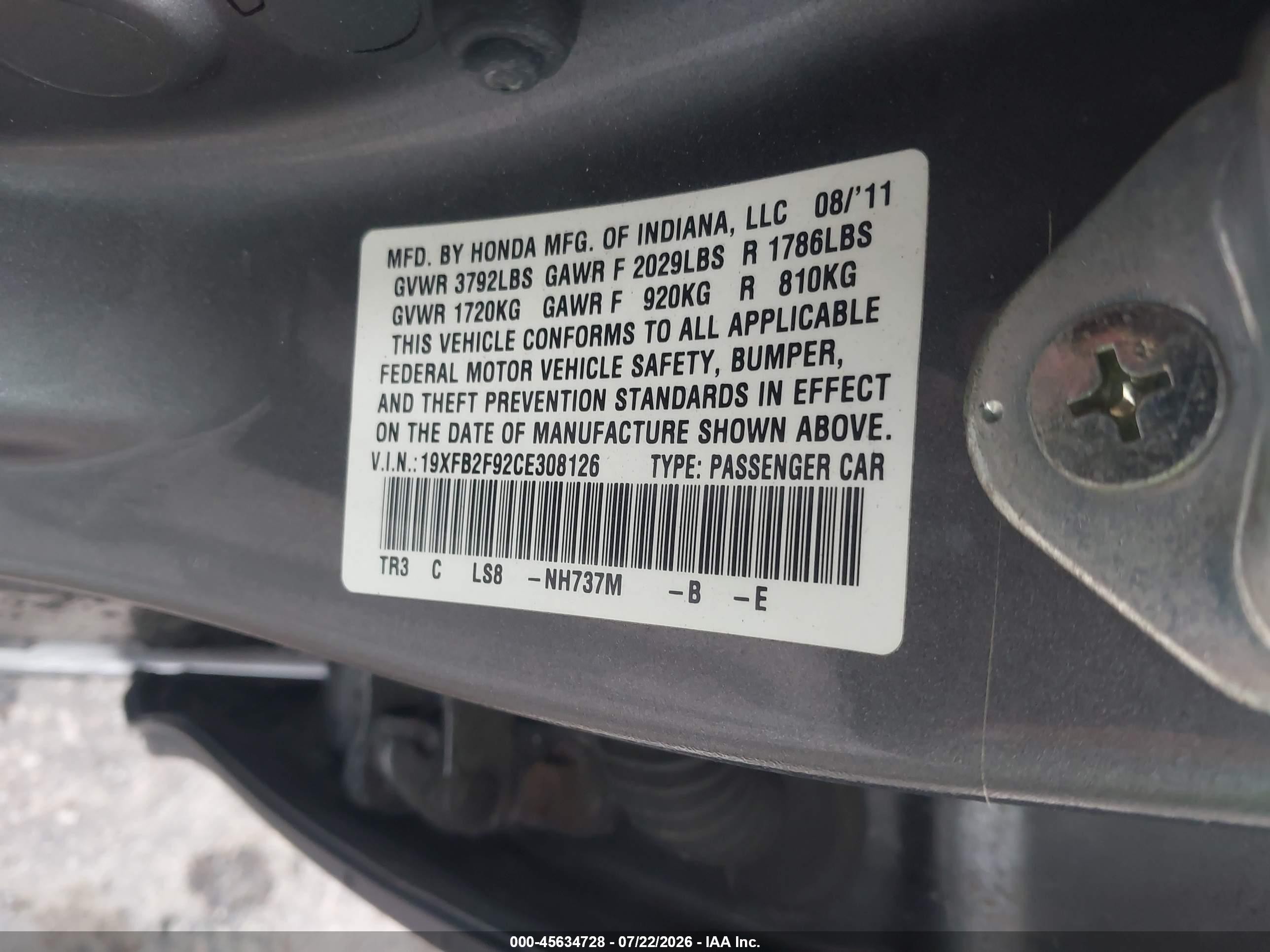 2012 Honda Civic Ex-l Gray vin: 19XFB2F92CE308126