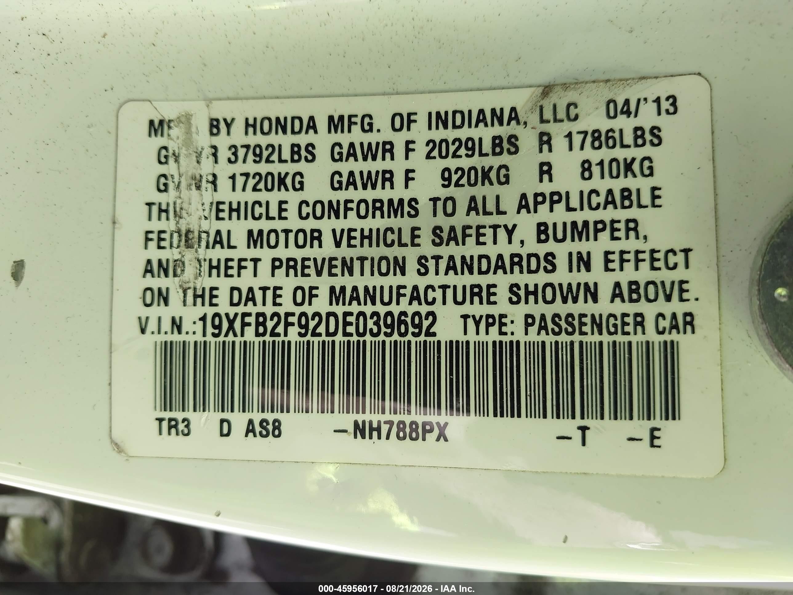 2013 Honda Civic Ex-l White vin: 19XFB2F92DE039692