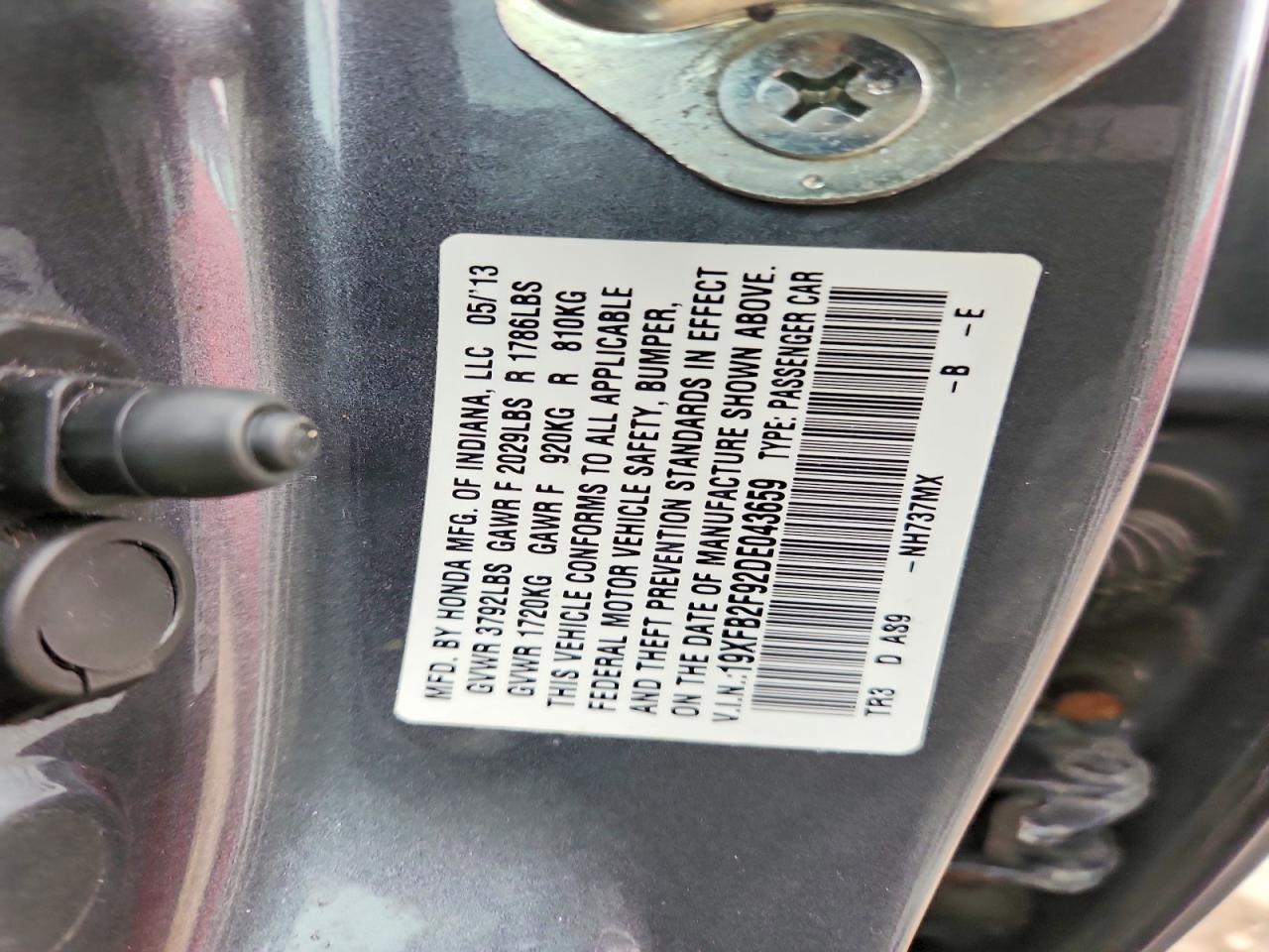 2013 Honda Civic Exl Gray vin: 19XFB2F92DE043659