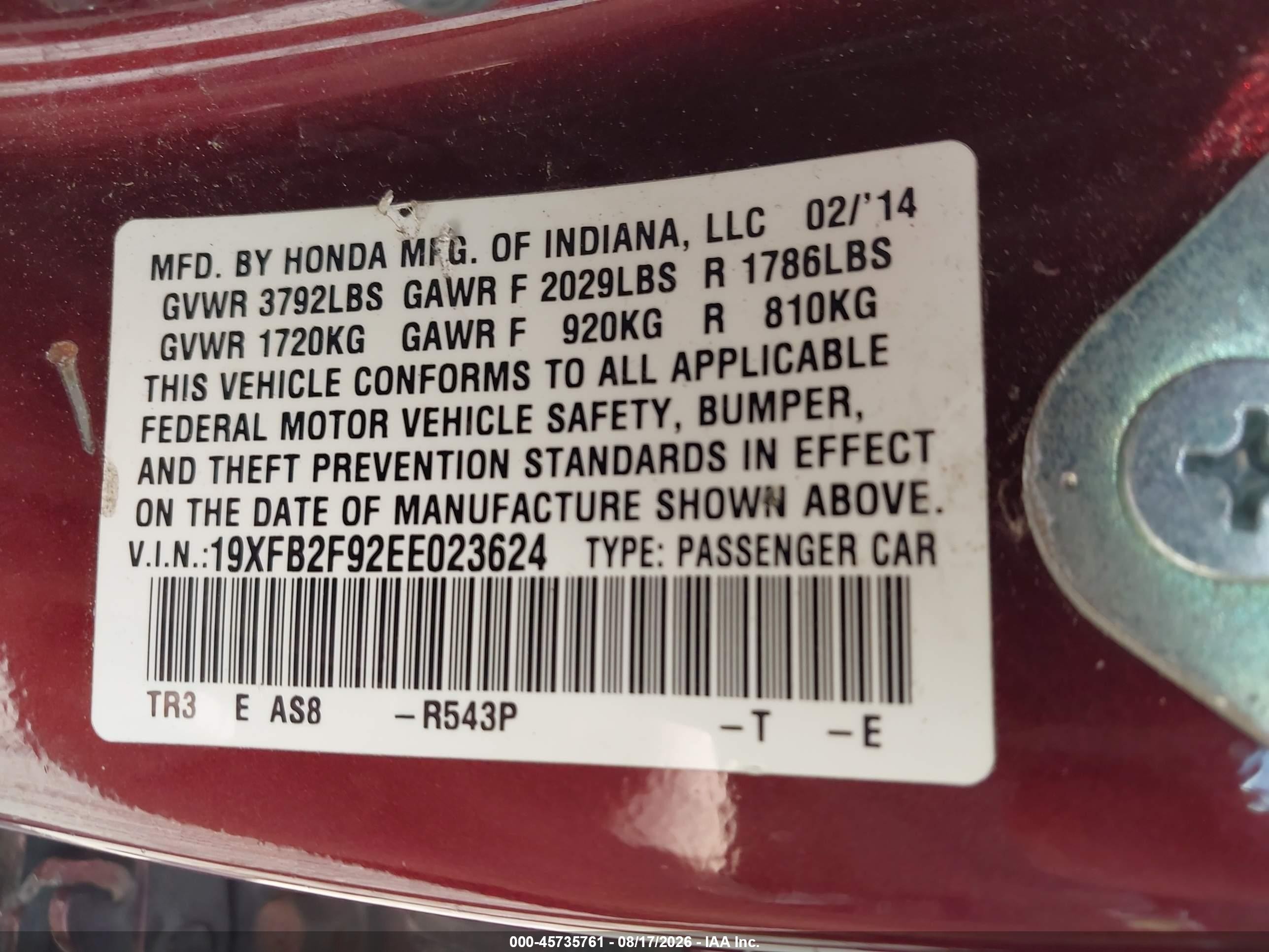 2014 Honda Civic Ex-l Red vin: 19XFB2F92EE023624
