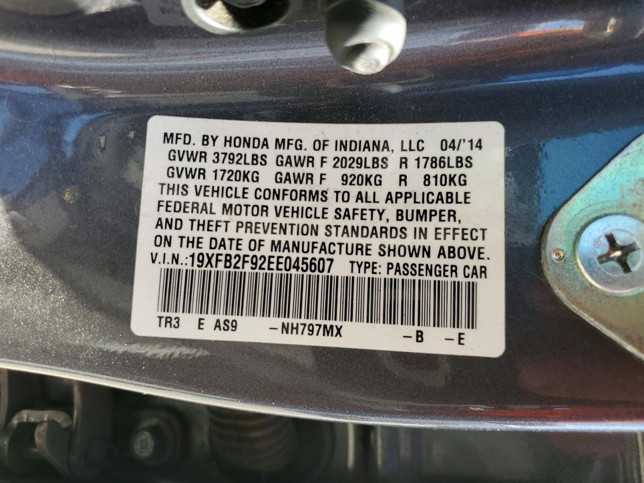 2014 Honda Civic Exl Charcoal vin: 19XFB2F92EE045607