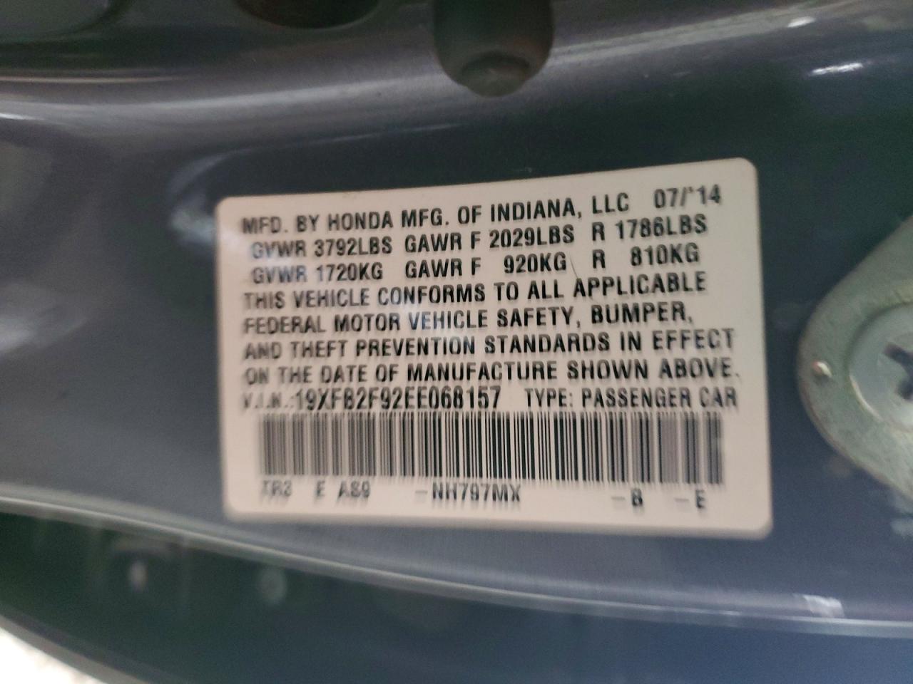 2014 Honda Civic Exl Gray vin: 19XFB2F92EE068157