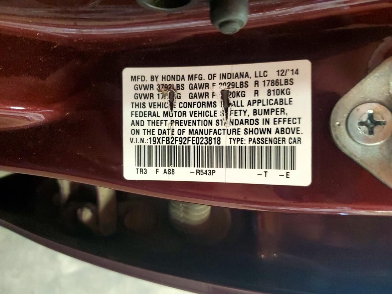 2015 Honda Civic Exl Maroon vin: 19XFB2F92FE023818