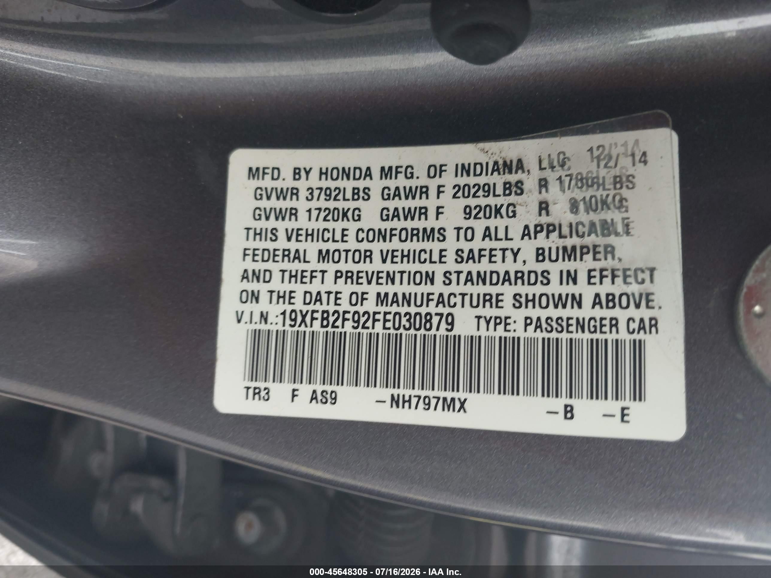 2015 Honda Civic Ex-l Gray vin: 19XFB2F92FE030879