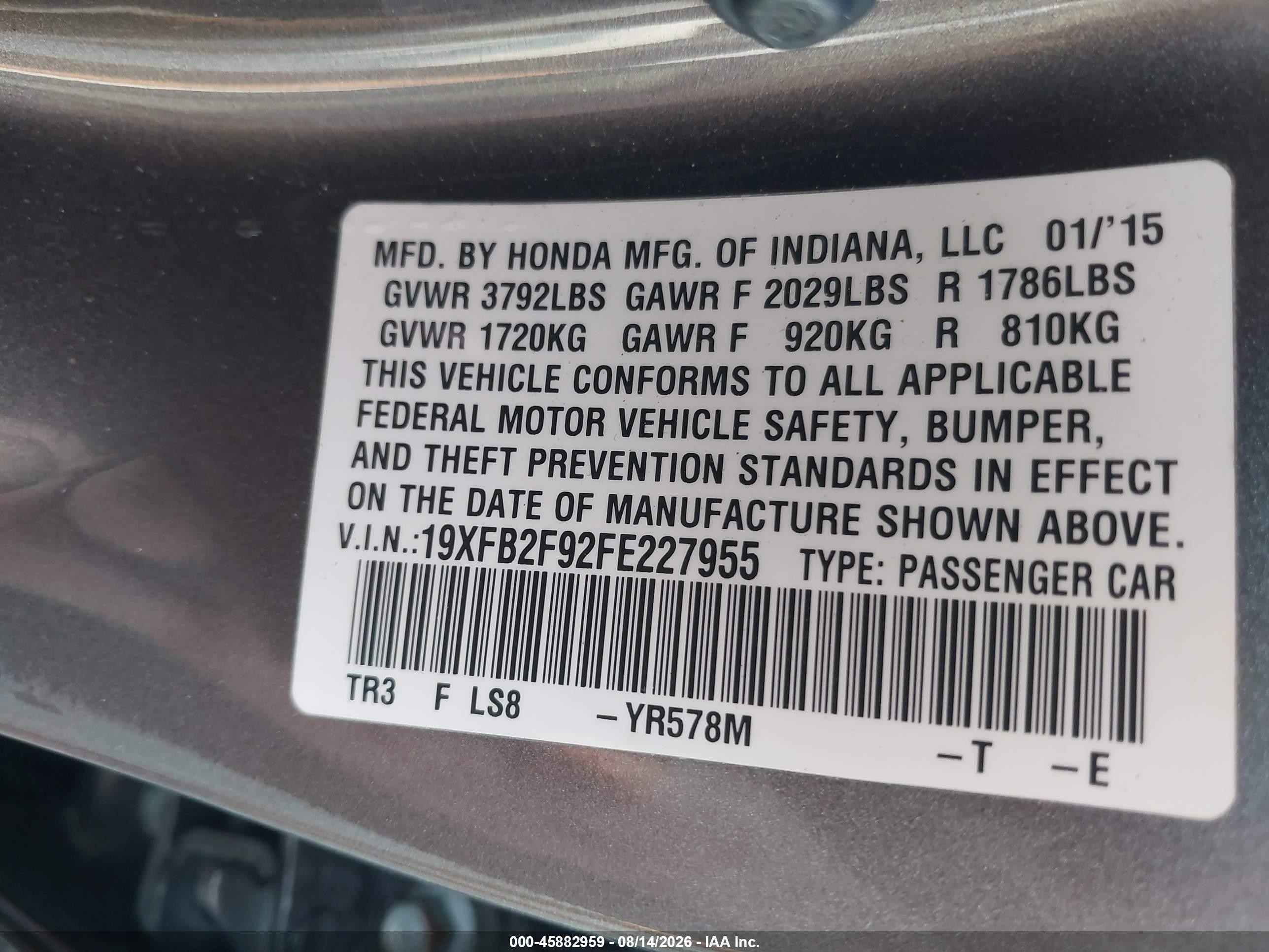 2015 Honda Civic Ex-l Champagne vin: 19XFB2F92FE227955