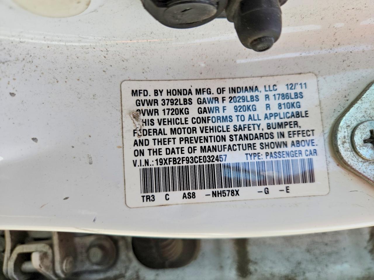 2012 Honda Civic Exl White vin: 19XFB2F93CE032457