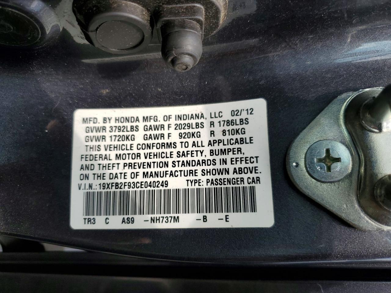 2012 Honda Civic Exl Gray vin: 19XFB2F93CE040249