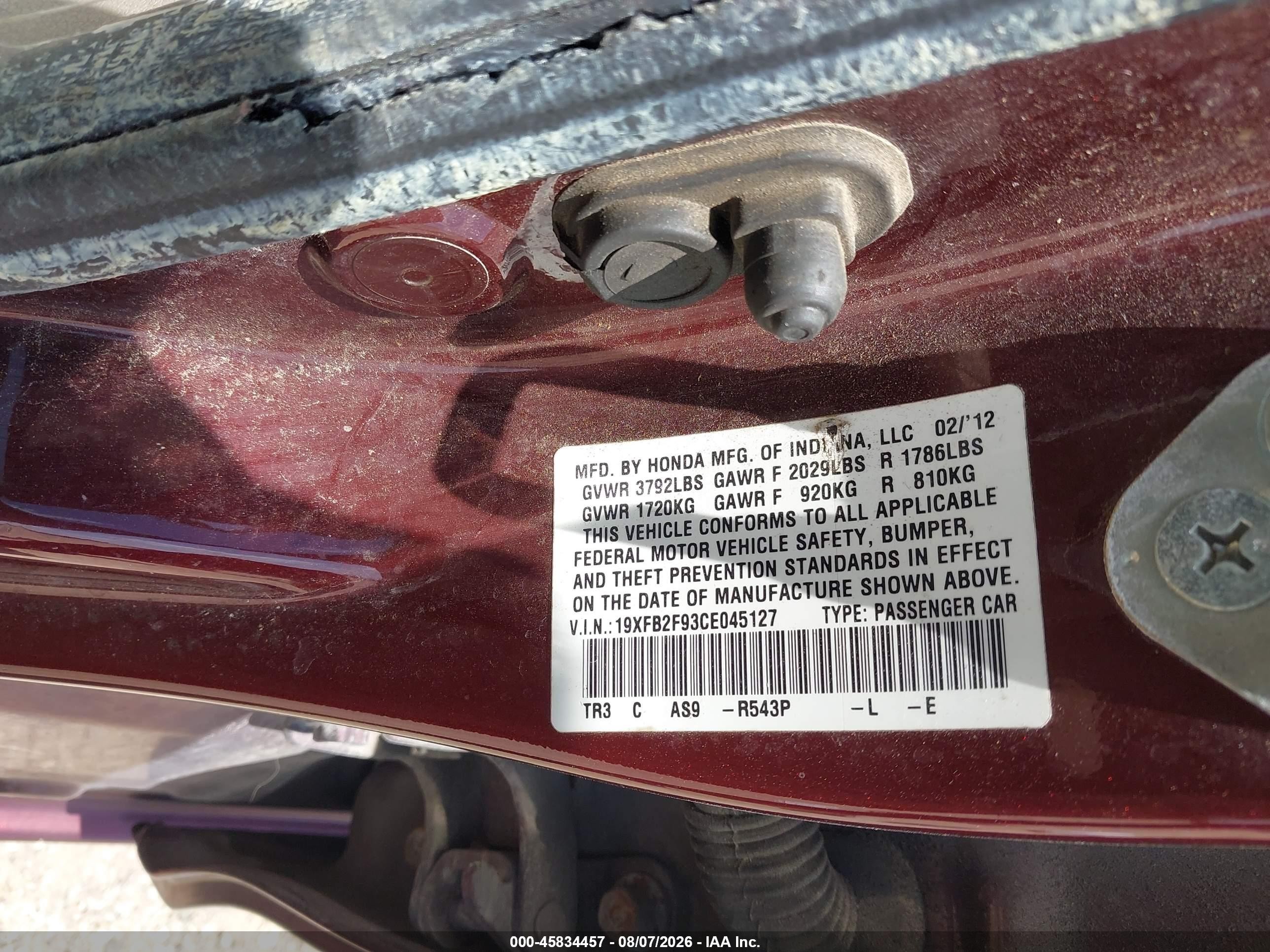 2012 Honda Civic Ex-l Maroon vin: 19XFB2F93CE045127