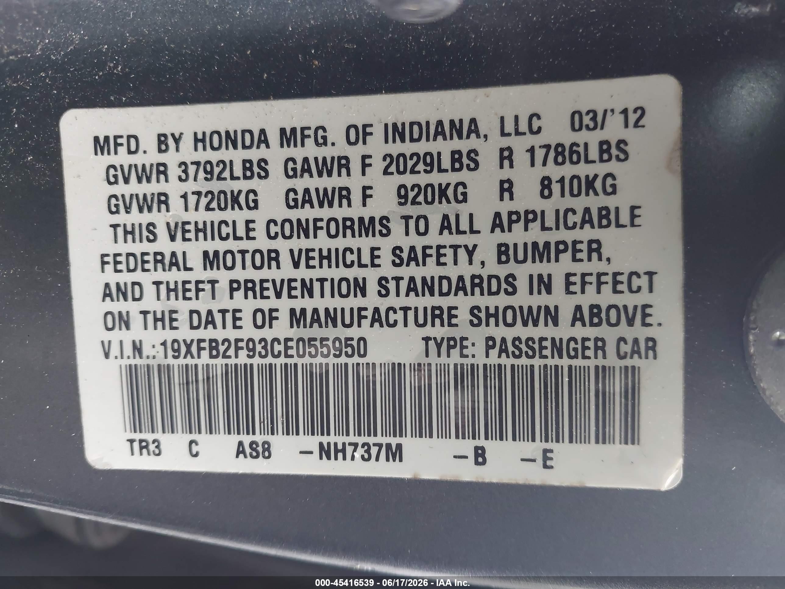 2012 Honda Civic Ex-l Gray vin: 19XFB2F93CE055950