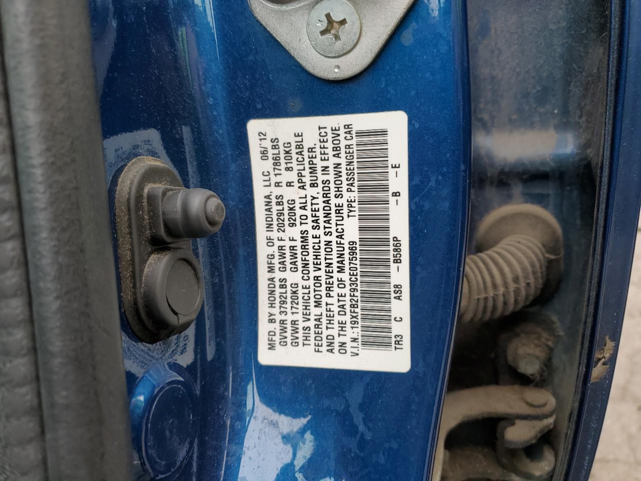 2012 Honda Civic Exl Blue vin: 19XFB2F93CE075969