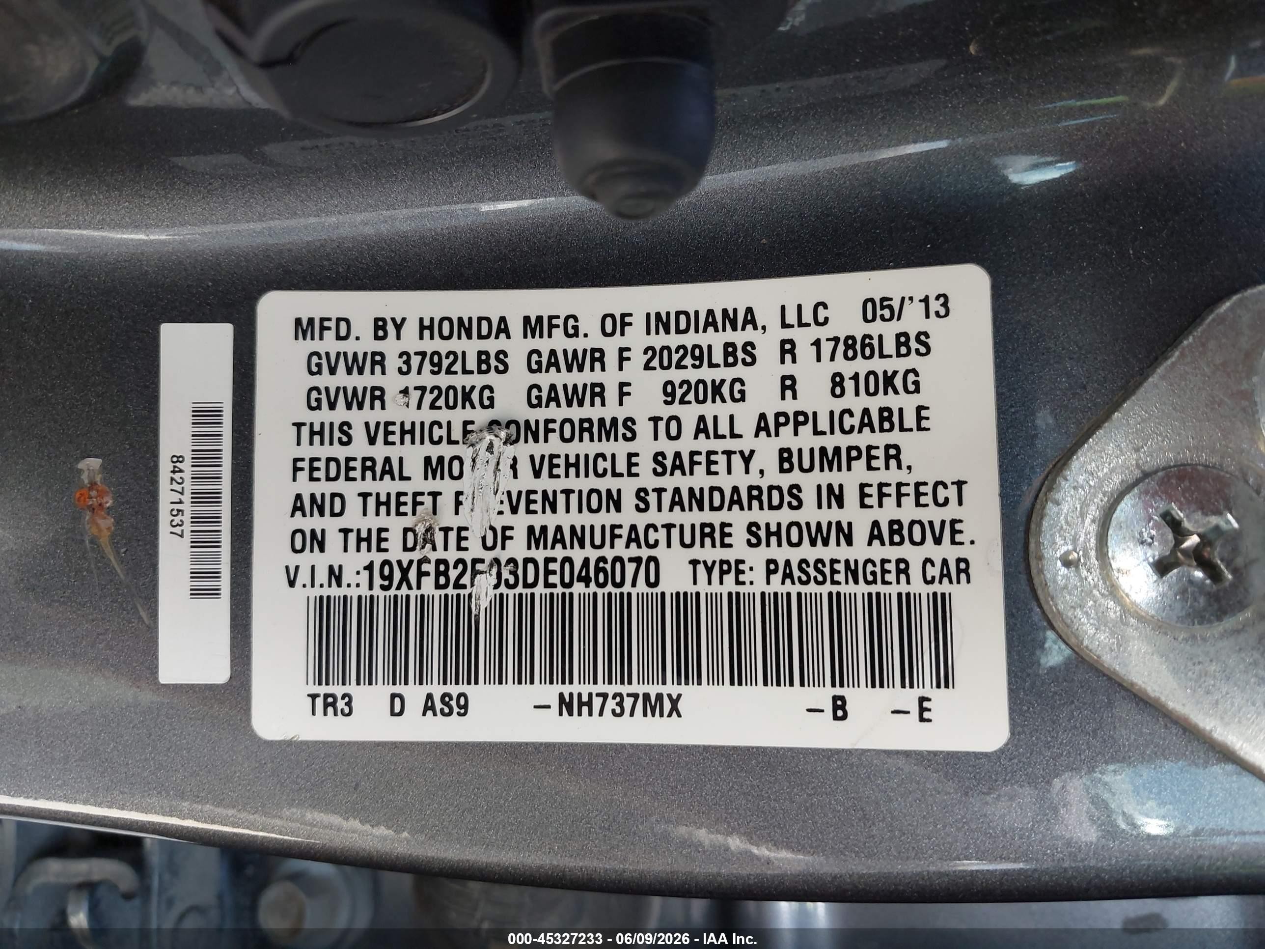 2013 Honda Civic Ex-l Gray vin: 19XFB2F93DE046070