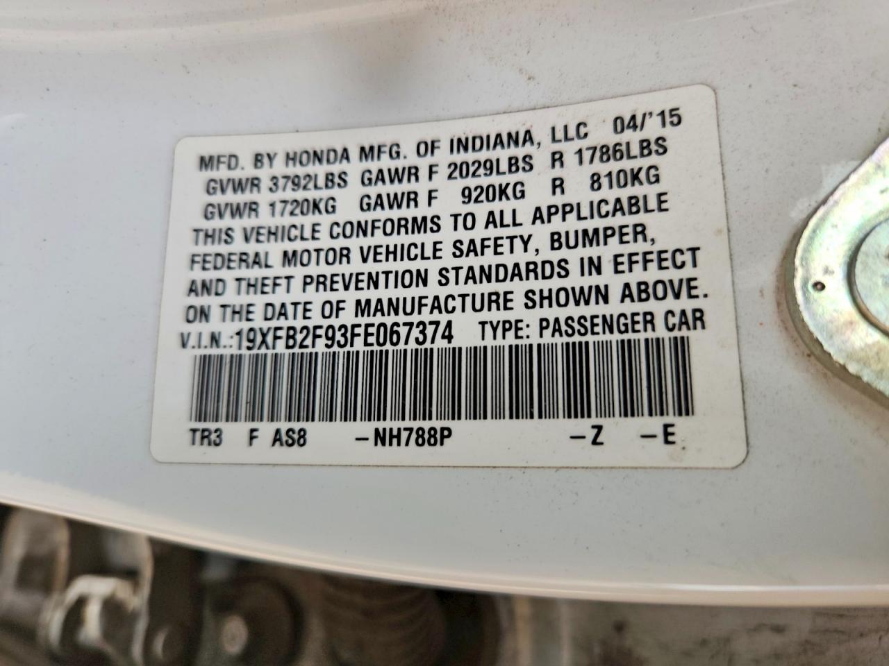 2015 Honda Civic Exl White vin: 19XFB2F93FE067374