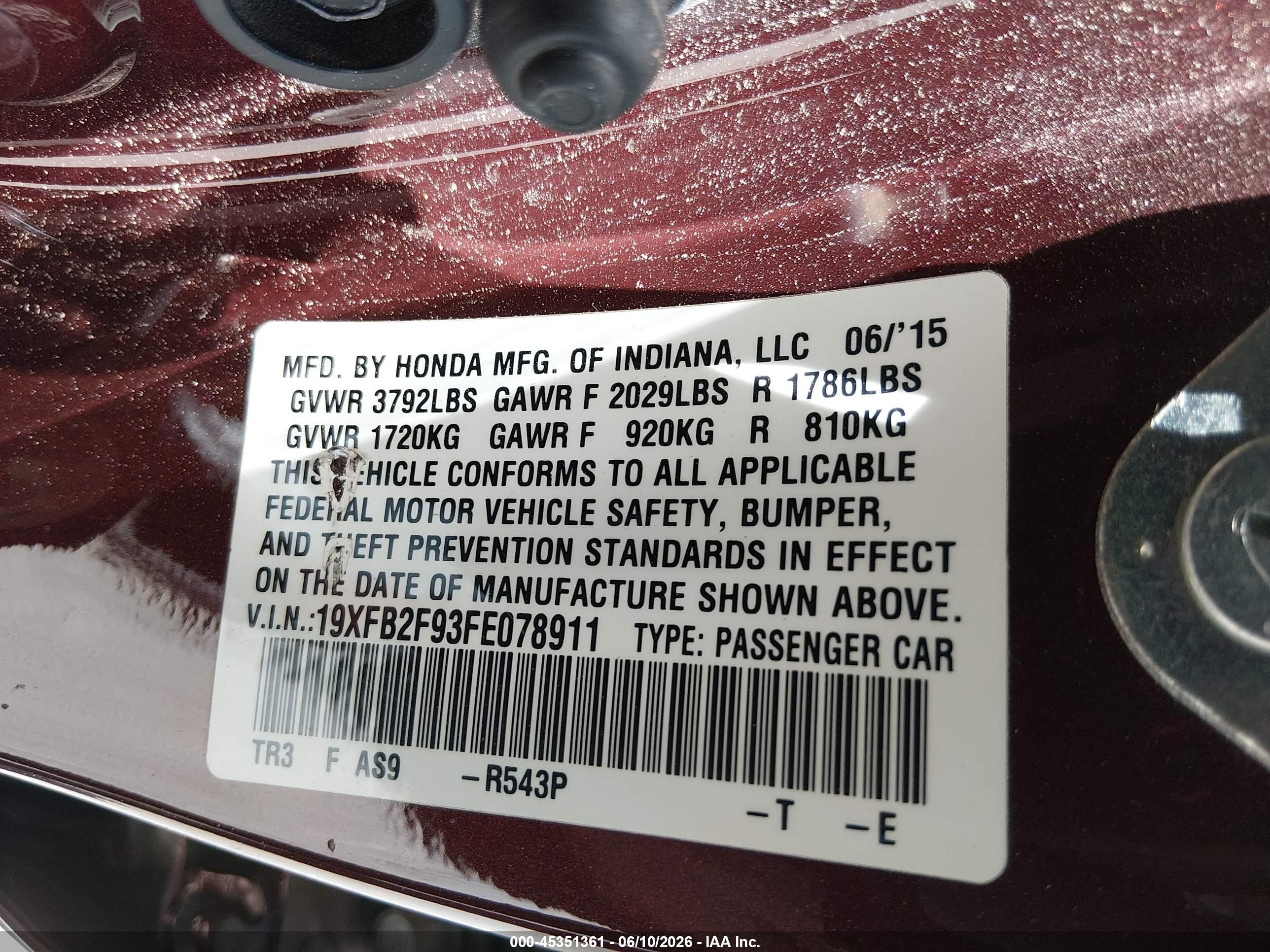 2015 Honda Civic Ex-l Maroon vin: 19XFB2F93FE078911
