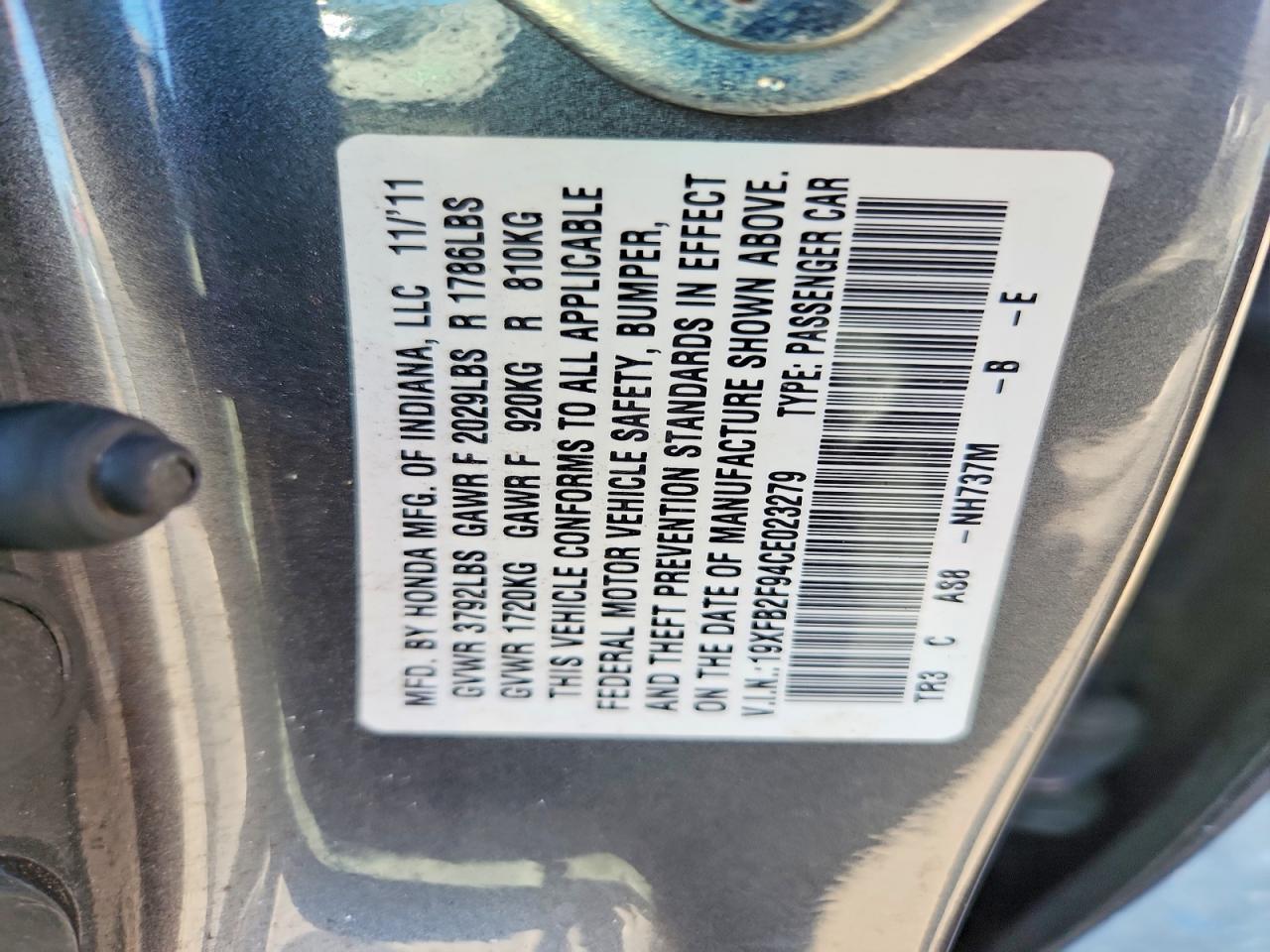 2012 Honda Civic Exl Gray vin: 19XFB2F94CE023279