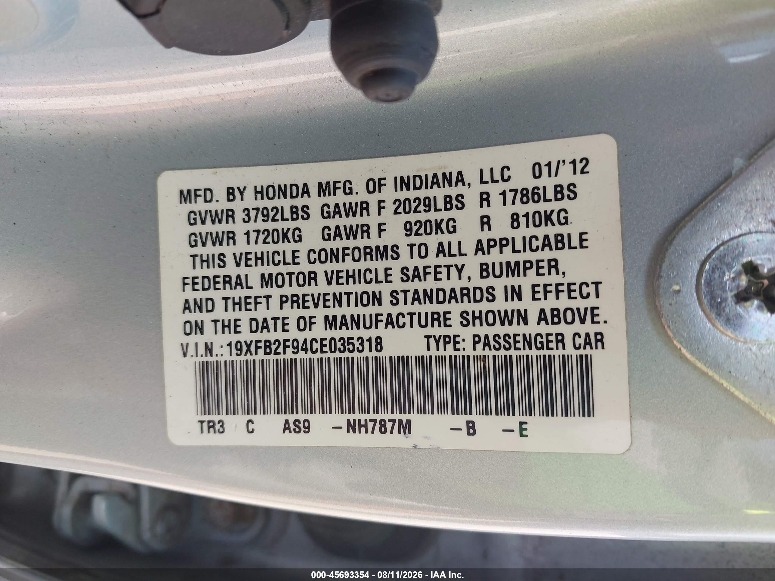 2012 Honda Civic Ex-l Light Blue vin: 19XFB2F94CE035318