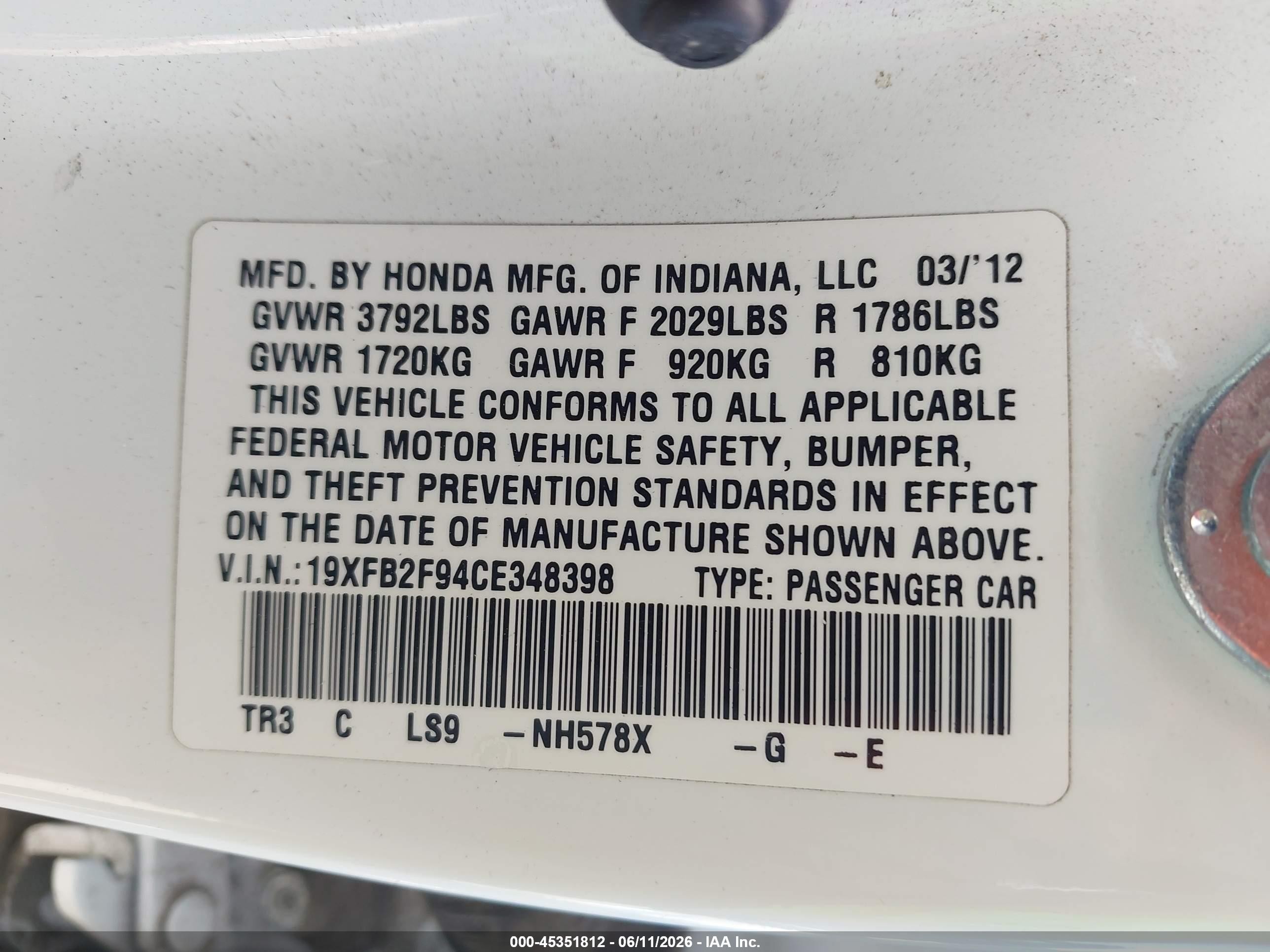2012 Honda Civic Ex-l White vin: 19XFB2F94CE348398