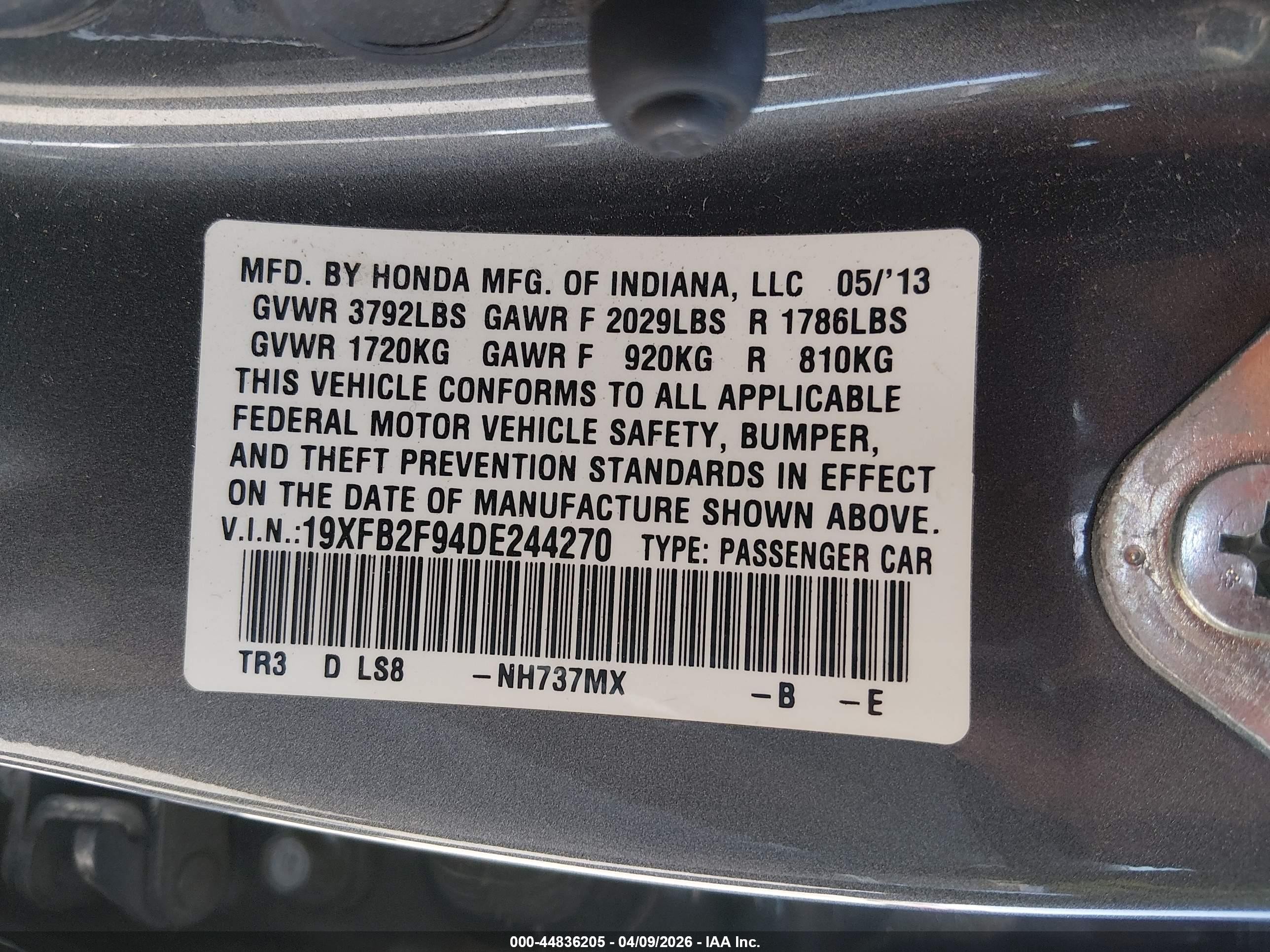 2013 Honda Civic Ex-l Gray vin: 19XFB2F94DE244270