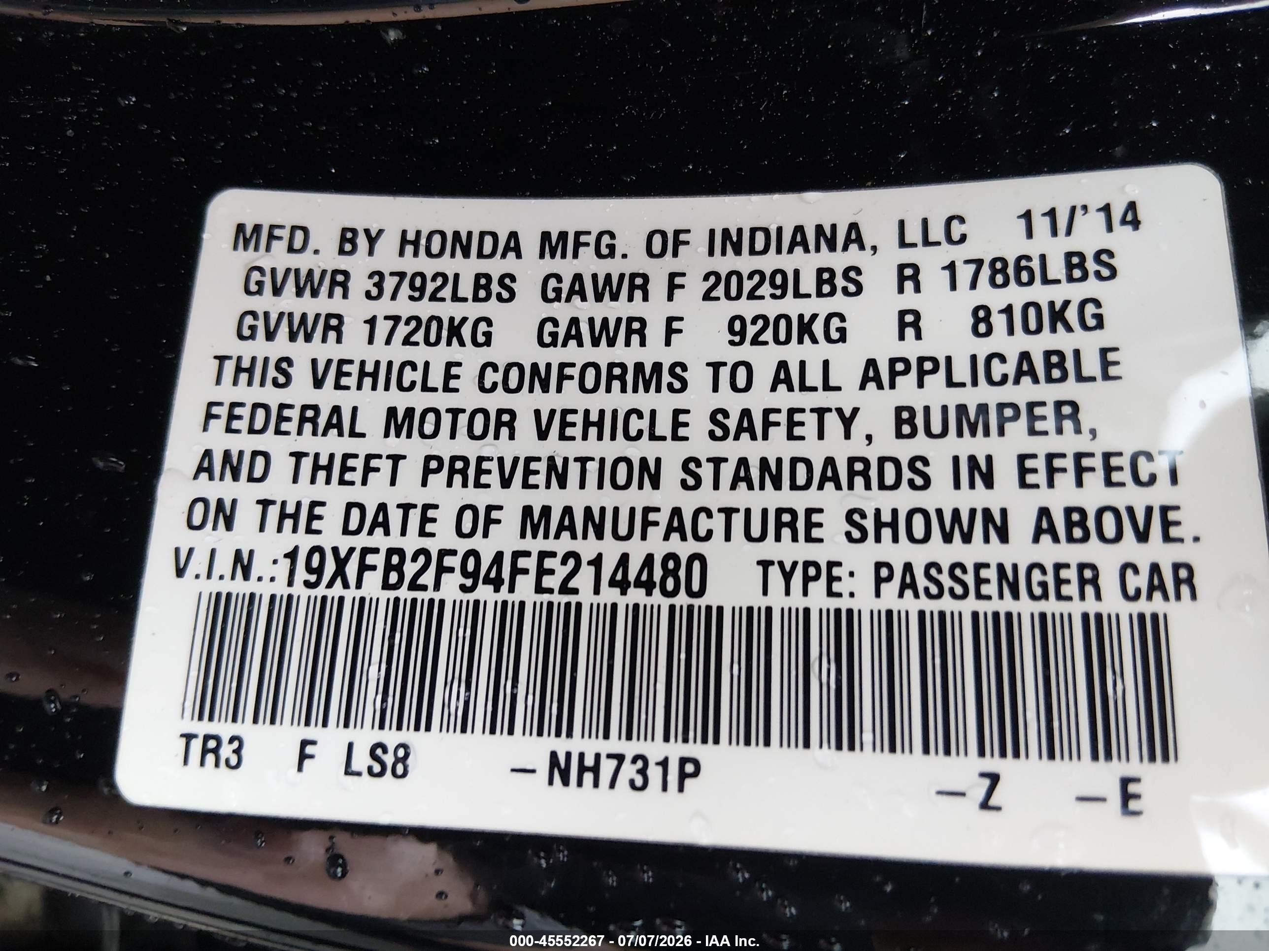 2015 Honda Civic Ex-l Black vin: 19XFB2F94FE214480