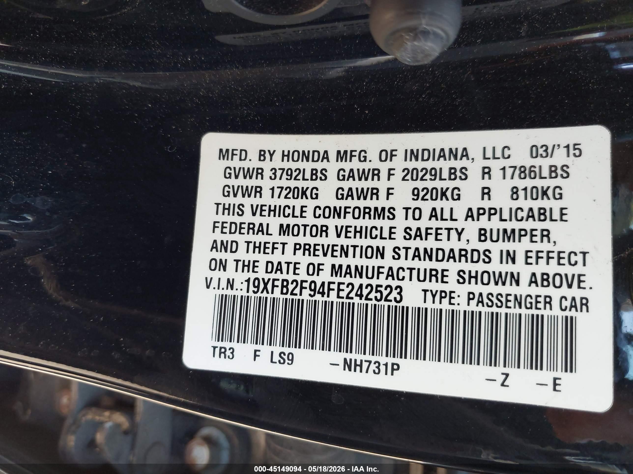 2015 Honda Civic Ex-l Black vin: 19XFB2F94FE242523