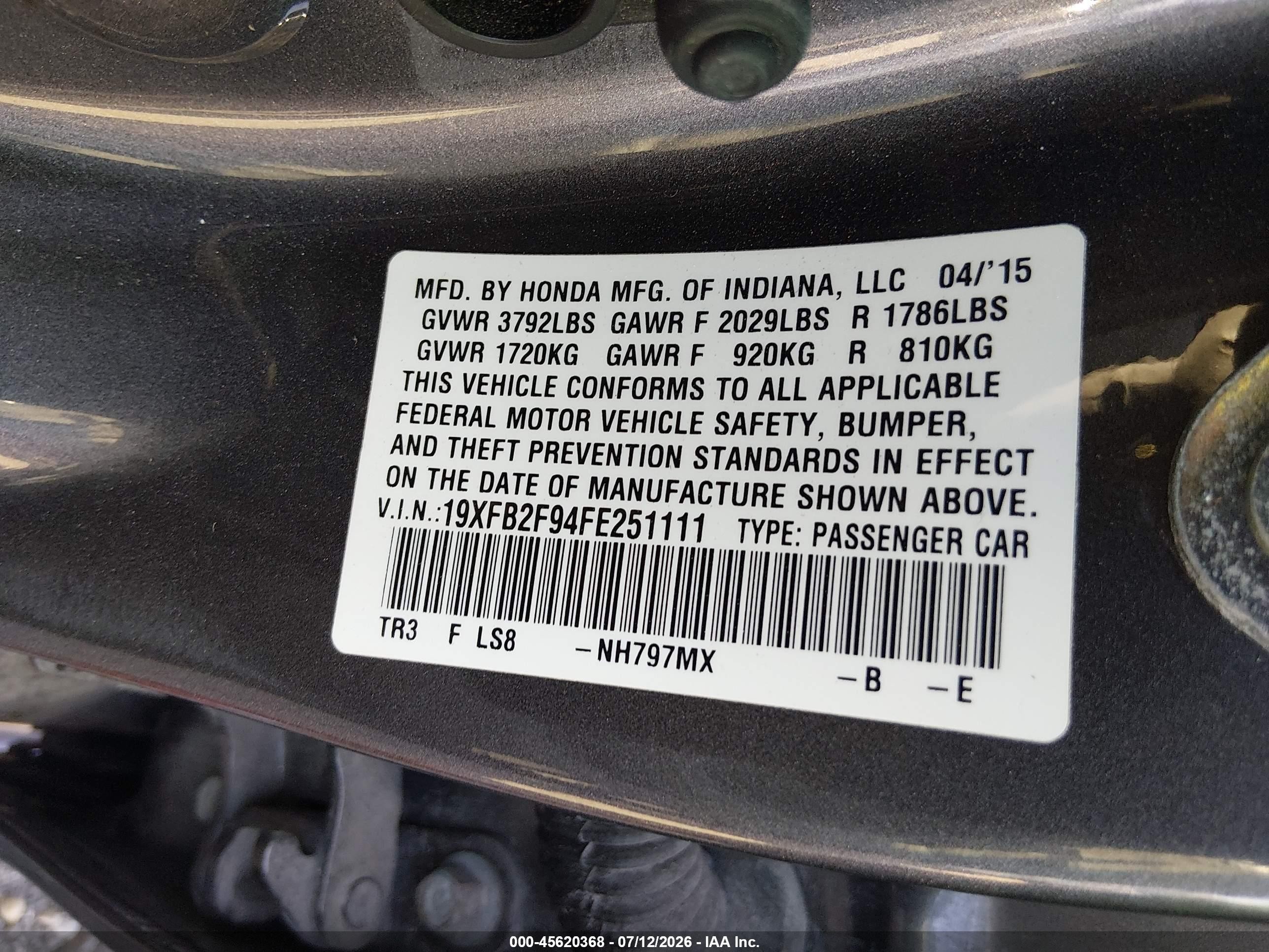 2015 Honda Civic Ex-l Серый vin: 19XFB2F94FE251111