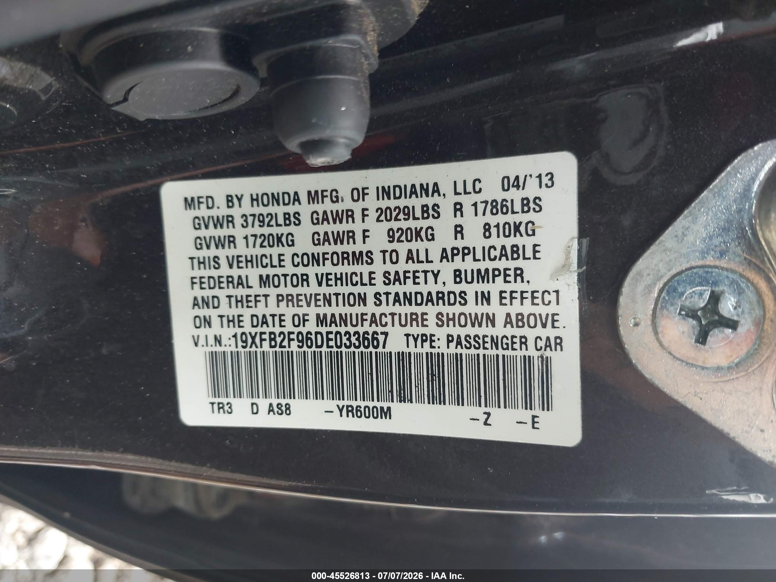 2013 Honda Civic Ex-l Black vin: 19XFB2F96DE033667