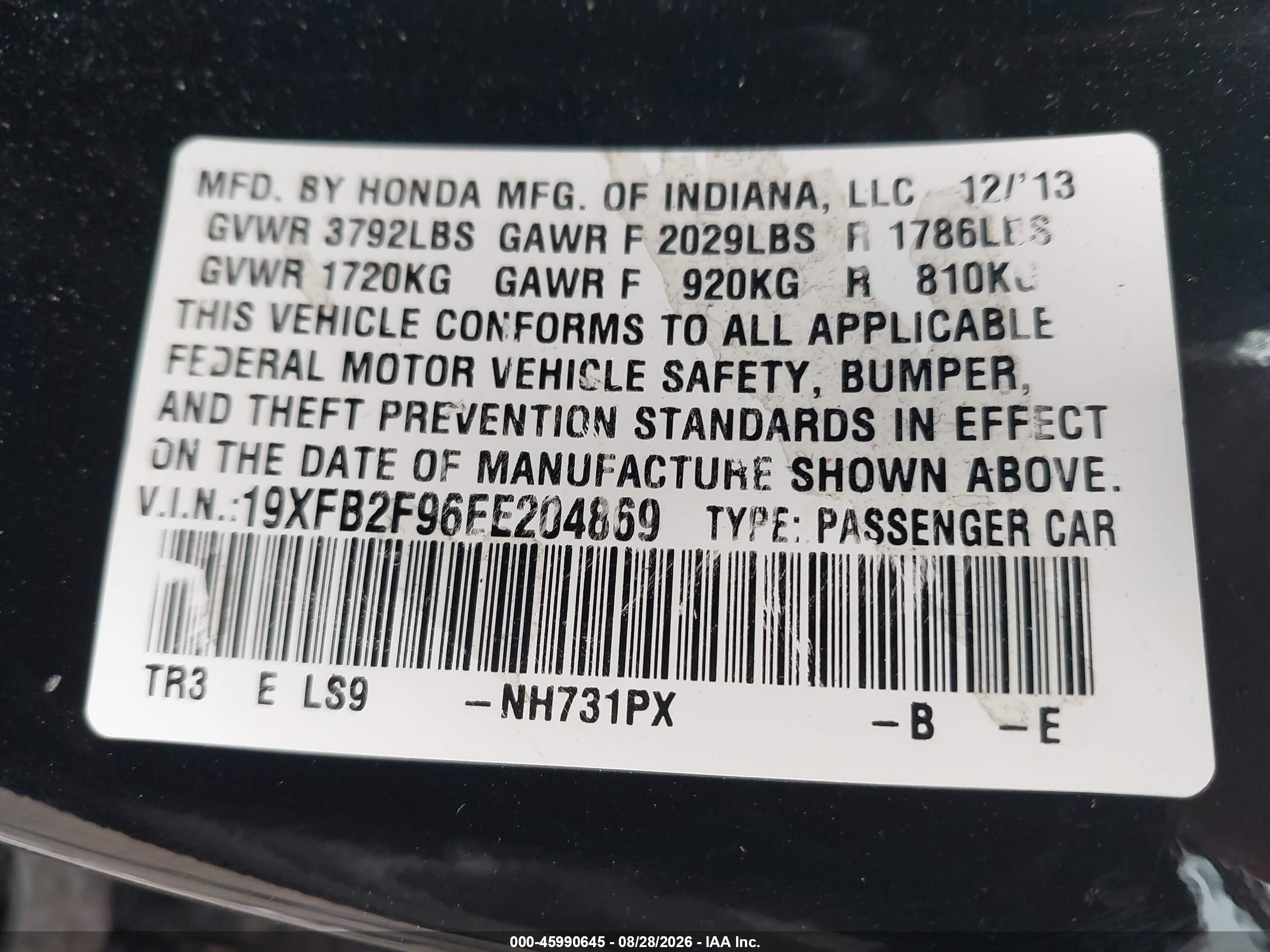 2014 Honda Civic Ex-l Black vin: 19XFB2F96EE204869