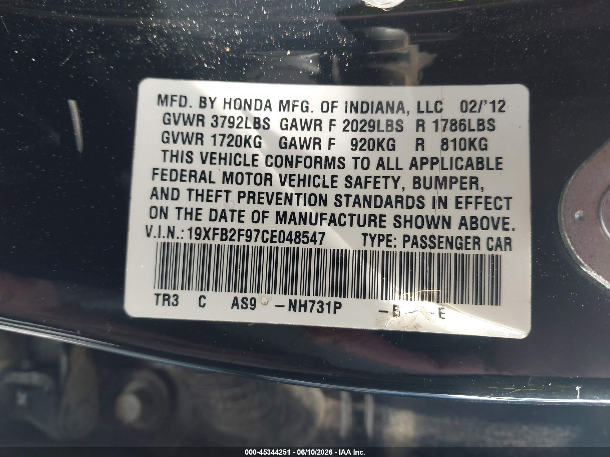 2012 Honda Civic Ex-l Black vin: 19XFB2F97CE048547