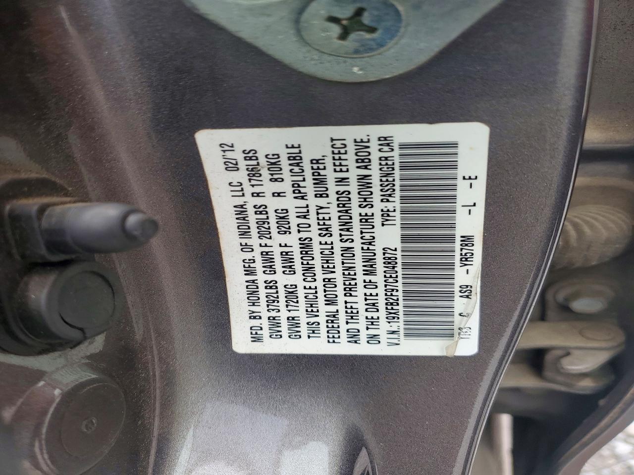 2012 Honda Civic Exl Gray vin: 19XFB2F97CE048872