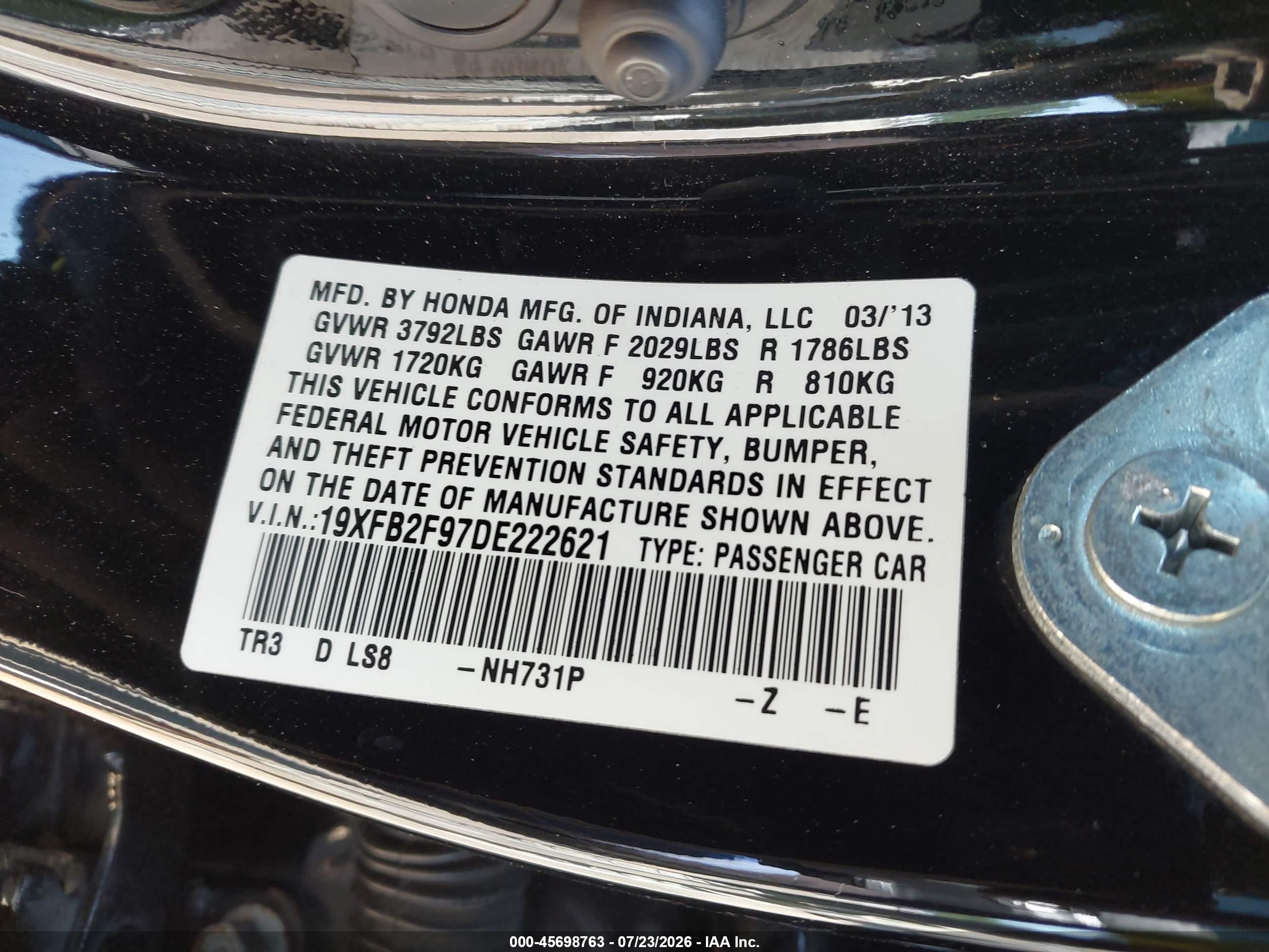 2013 Honda Civic Ex-l Black vin: 19XFB2F97DE222621
