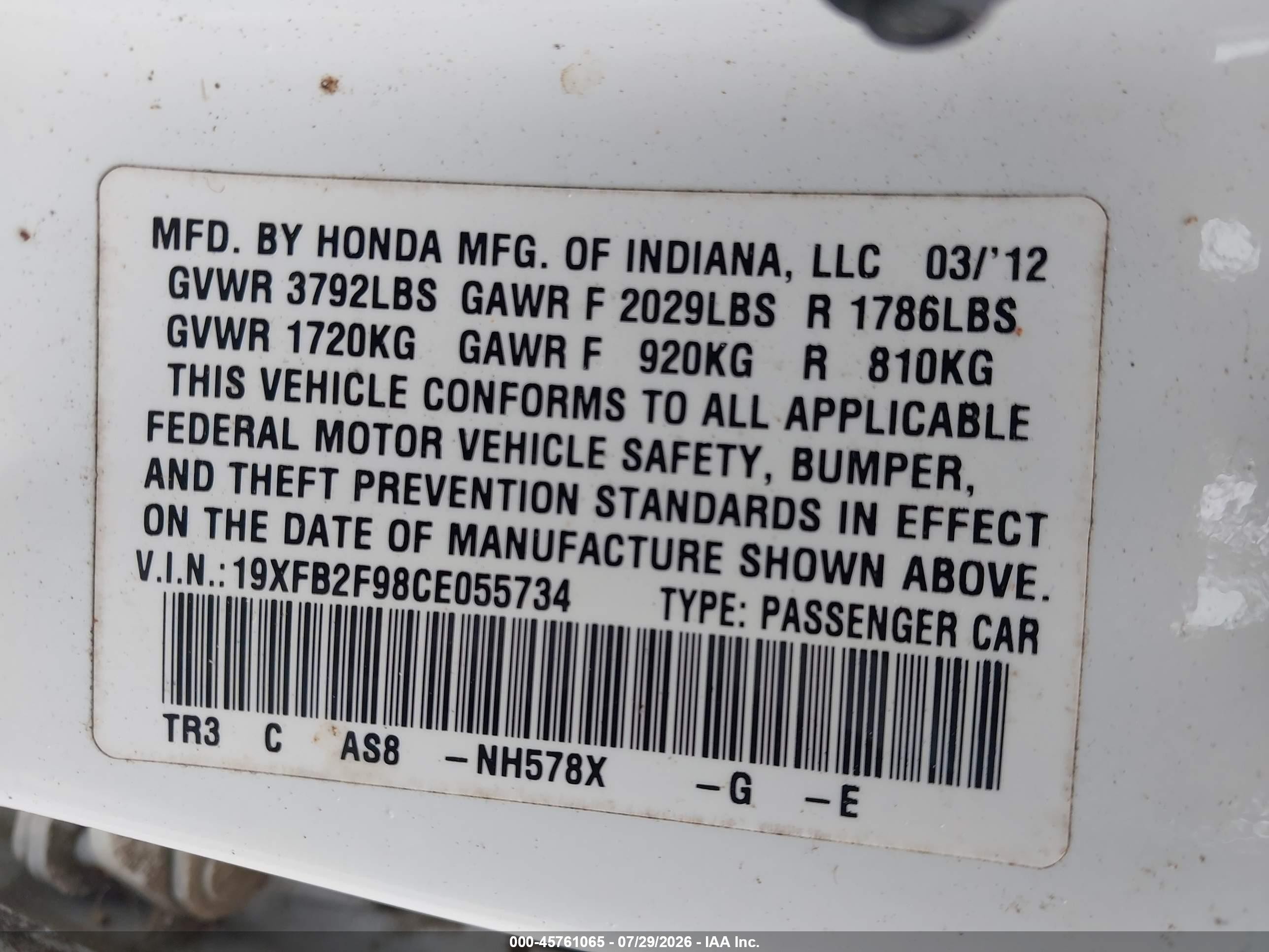 2012 Honda Civic Ex-l White vin: 19XFB2F98CE055734