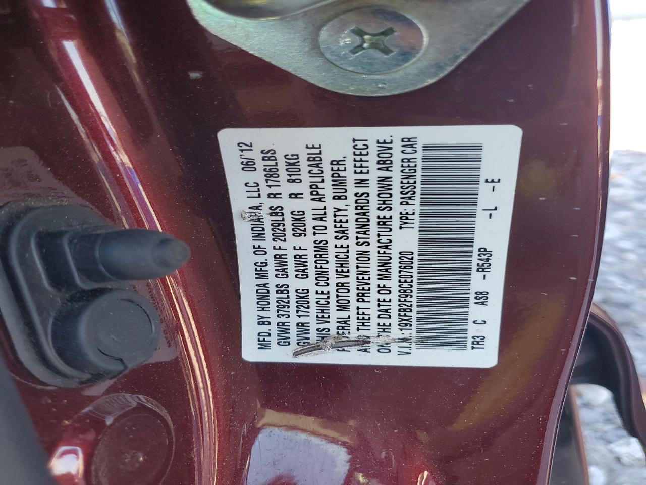 2012 Honda Civic Exl Burgundy vin: 19XFB2F98CE076020