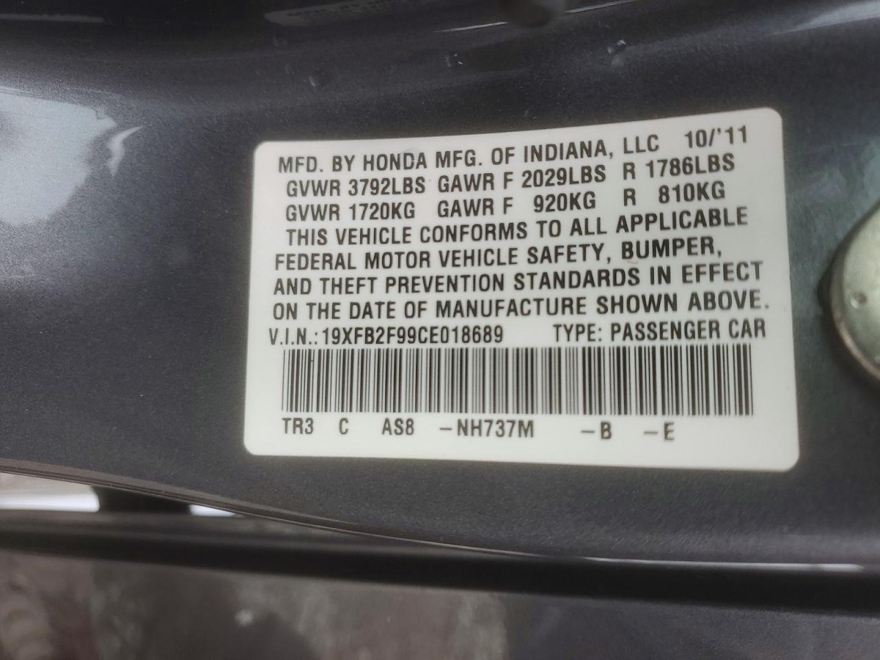 2012 Honda Civic Gray vin: 19XFB2F99CE018689