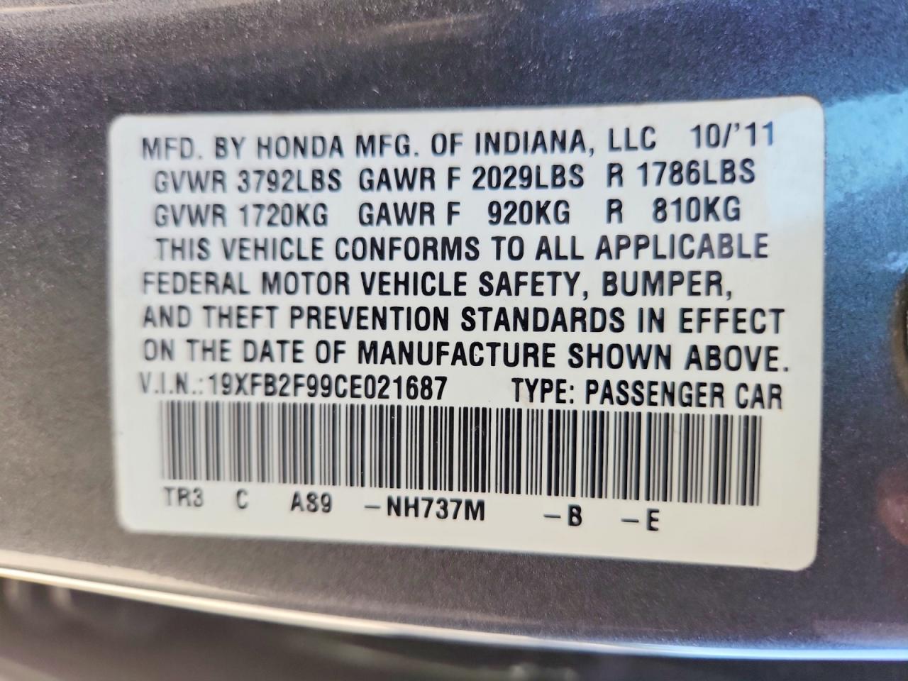 2012 Honda Civic Exl Gray vin: 19XFB2F99CE021687