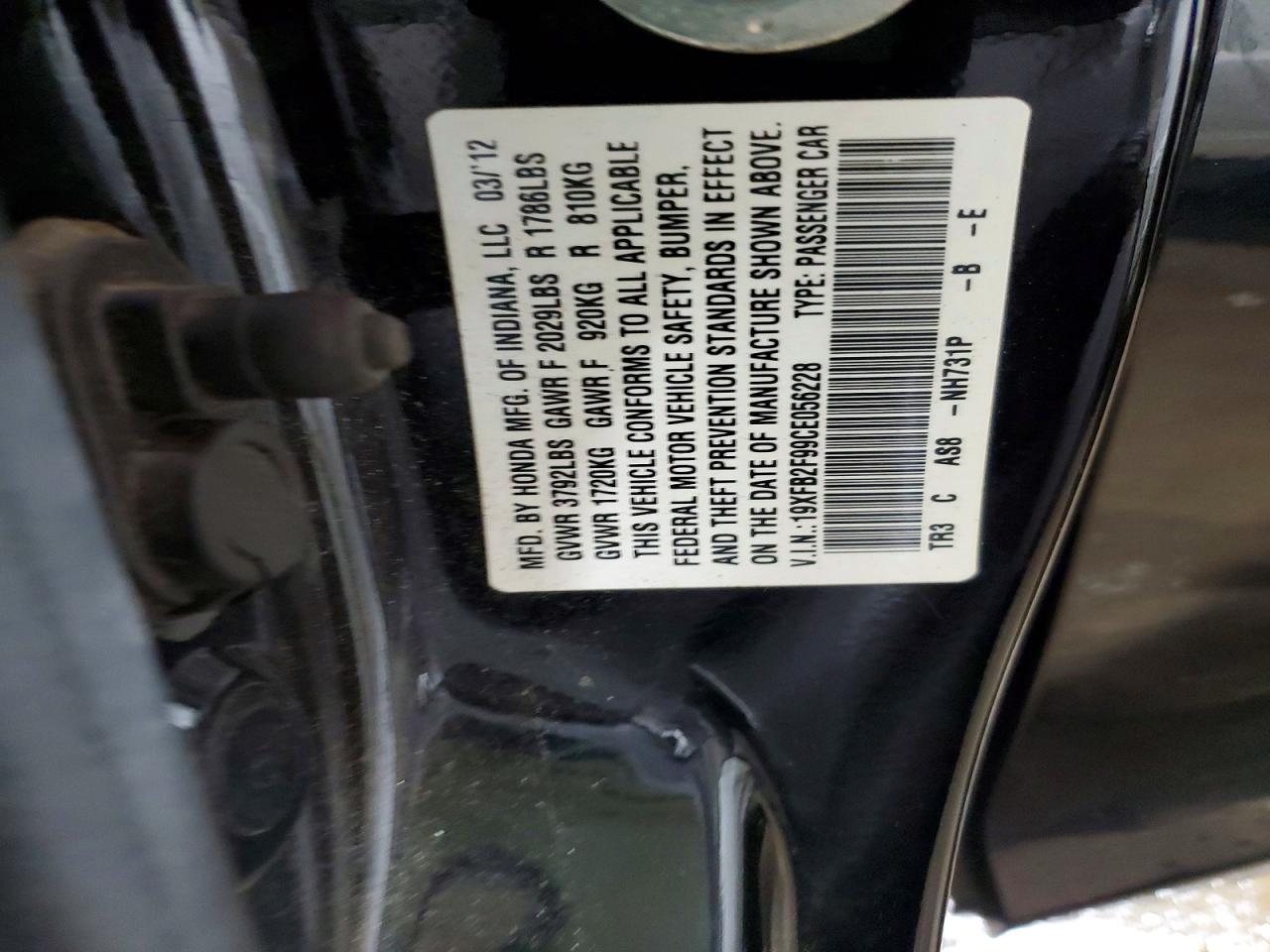 2012 Honda Civic Exl Black vin: 19XFB2F99CE056228