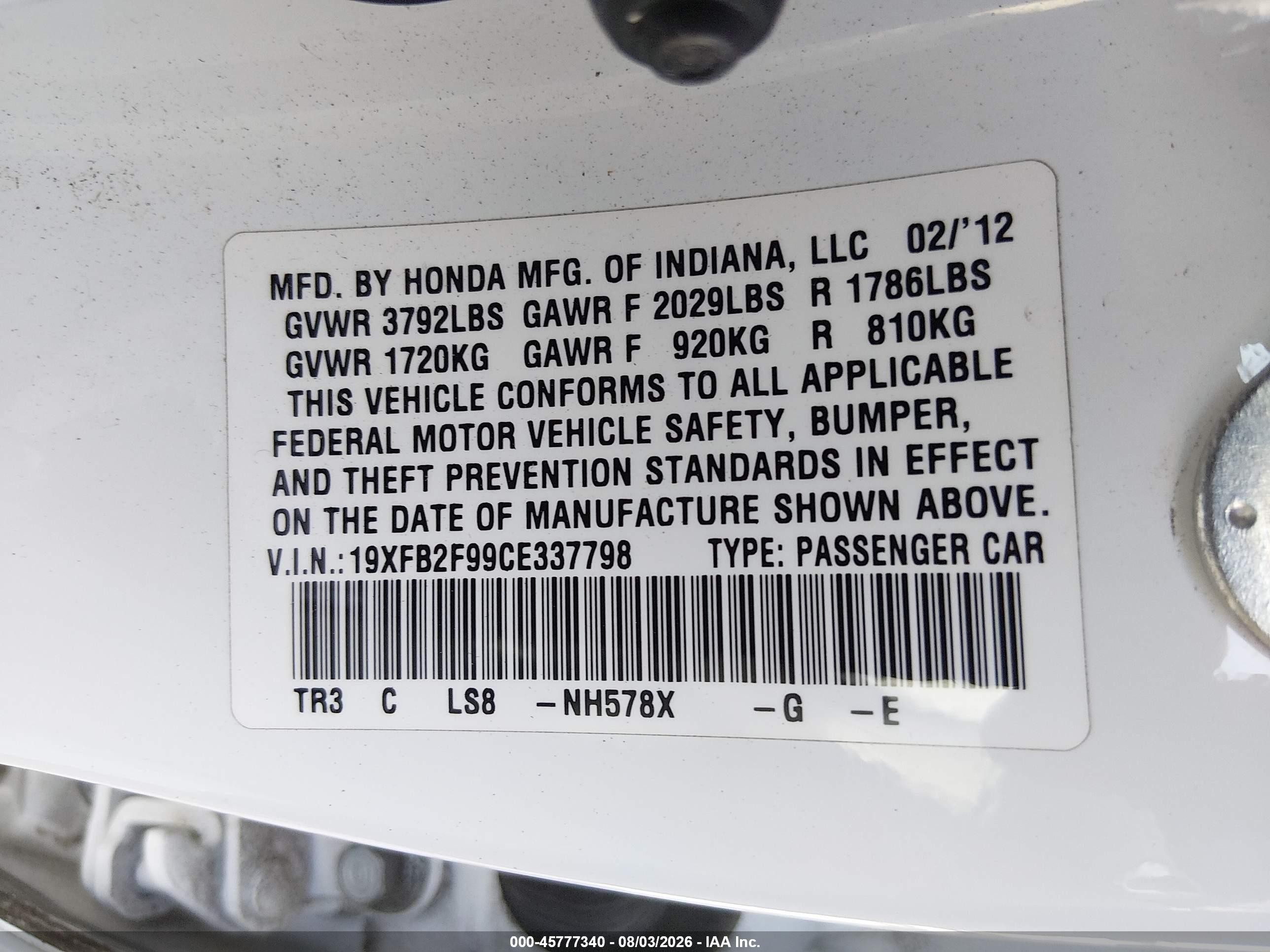 2012 Honda Civic Ex-l White vin: 19XFB2F99CE337798