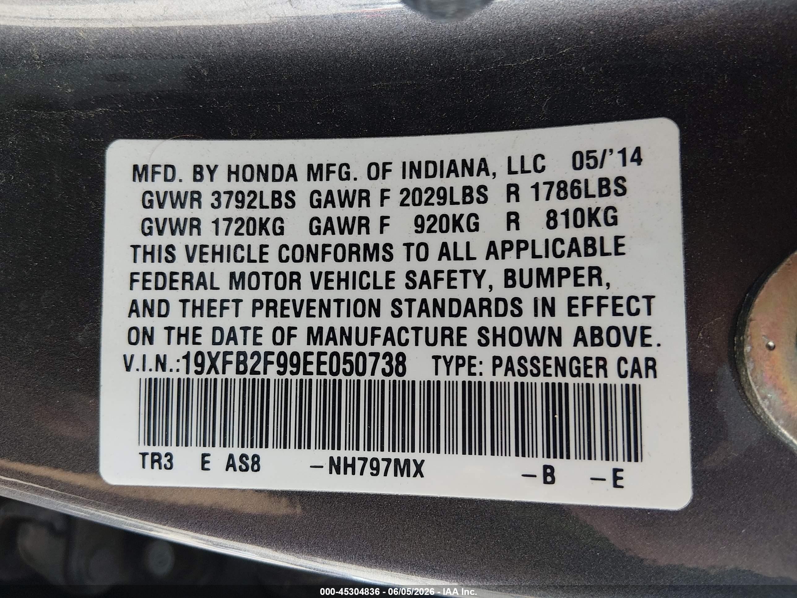 2014 Honda Civic Ex-l Gray vin: 19XFB2F99EE050738