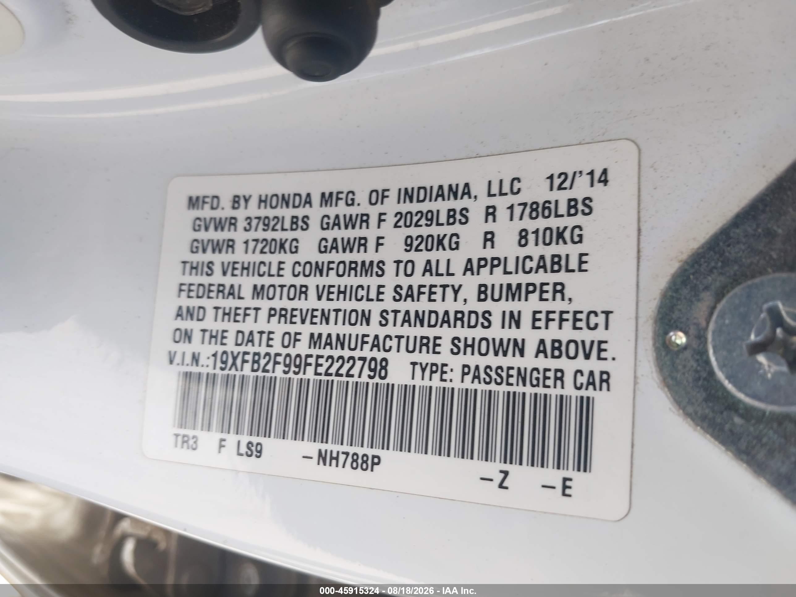 2015 Honda Civic Ex-l White vin: 19XFB2F99FE222798