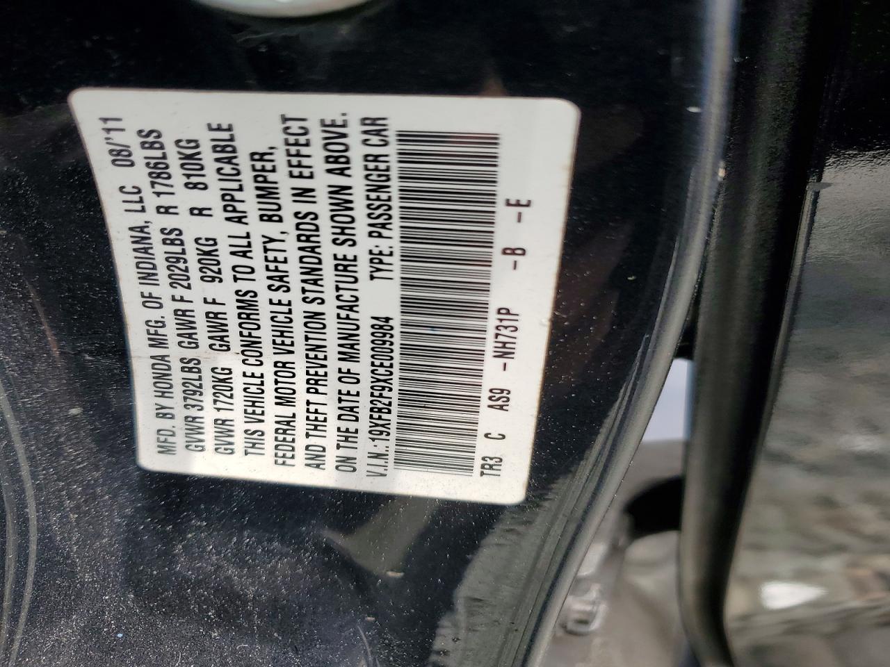 2012 Honda Civic Exl Black vin: 19XFB2F9XCE009984