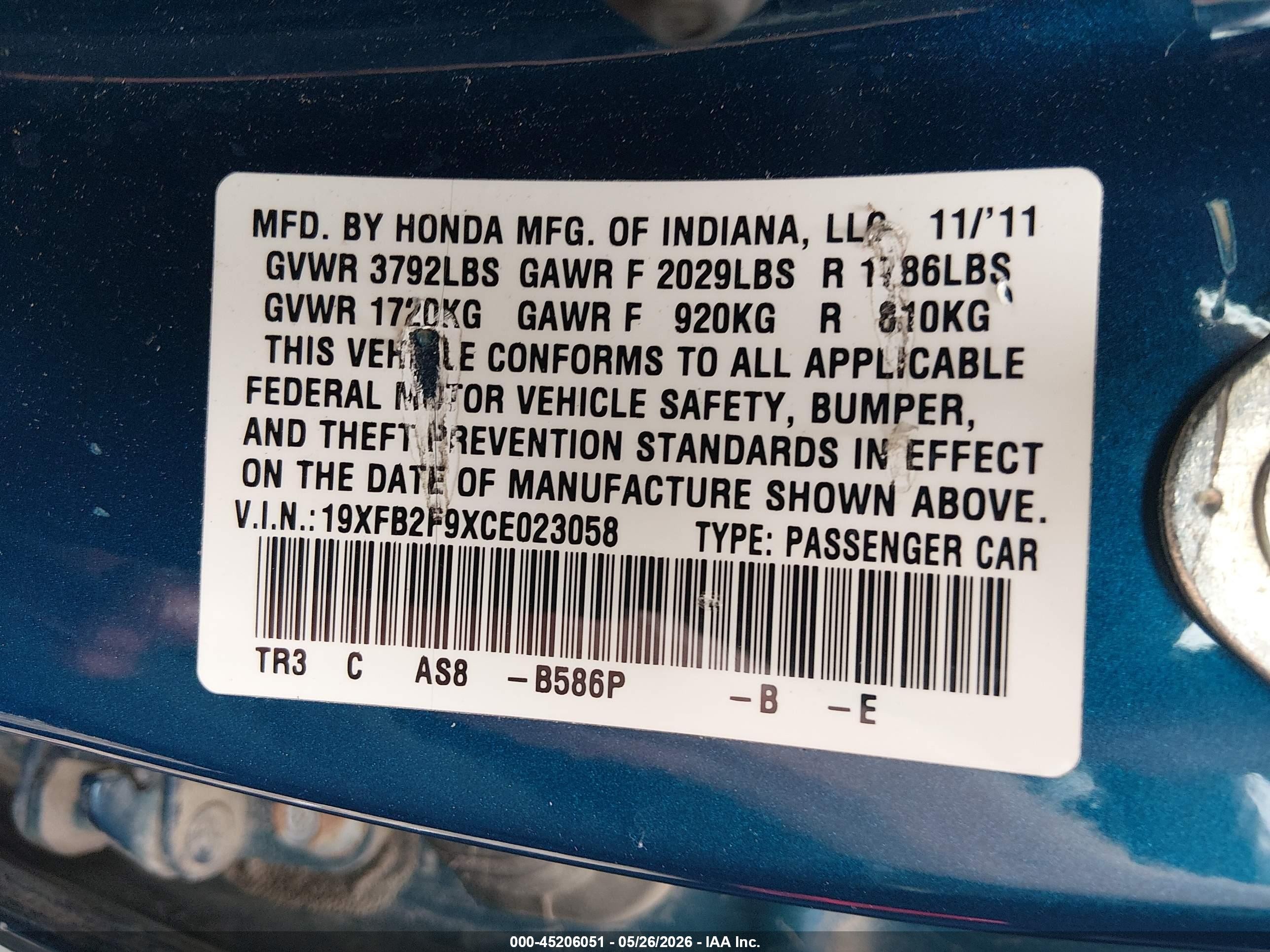 2012 Honda Civic Ex-l Blue vin: 19XFB2F9XCE023058