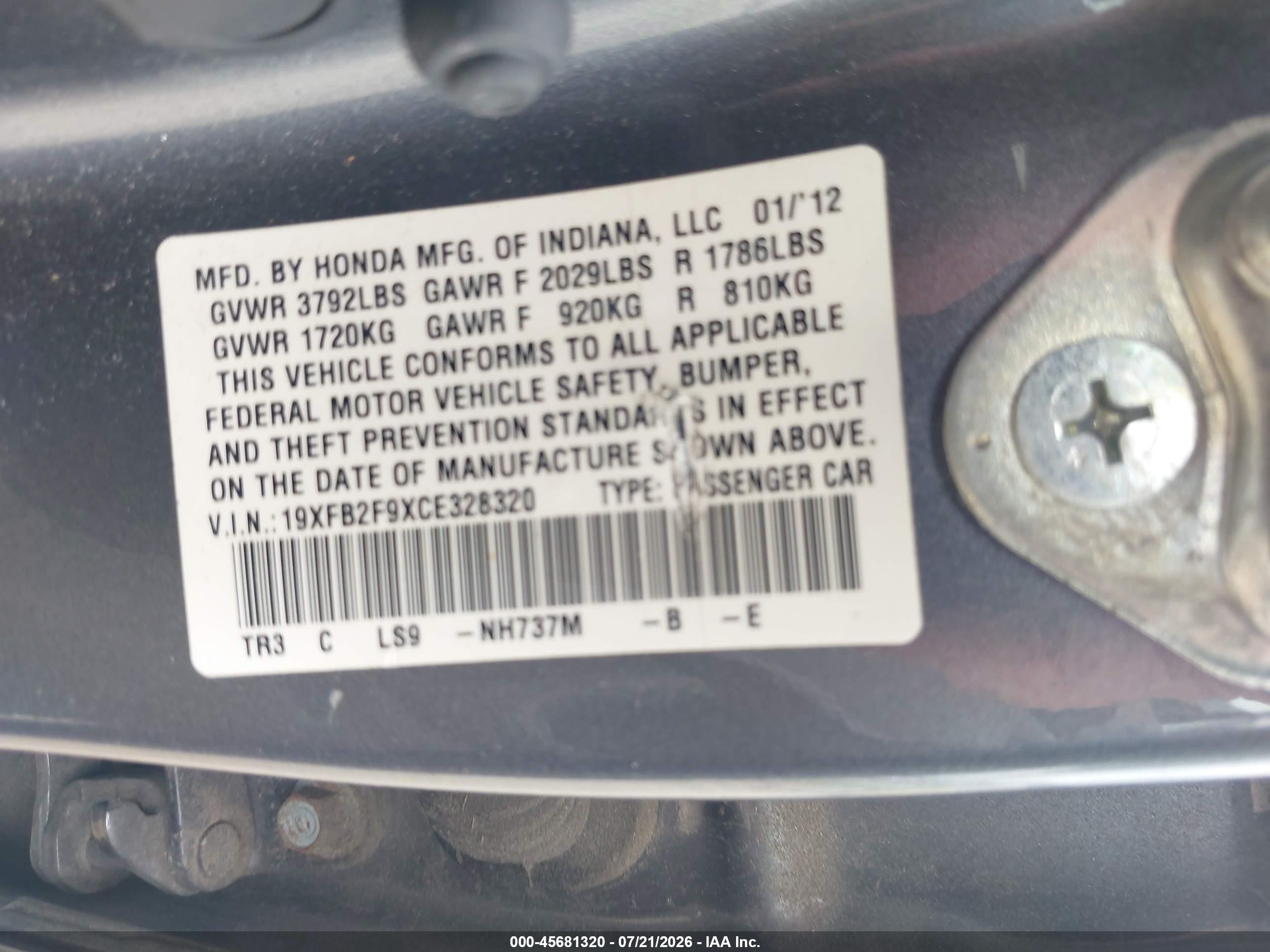 2012 Honda Civic Ex-l Gray vin: 19XFB2F9XCE328320