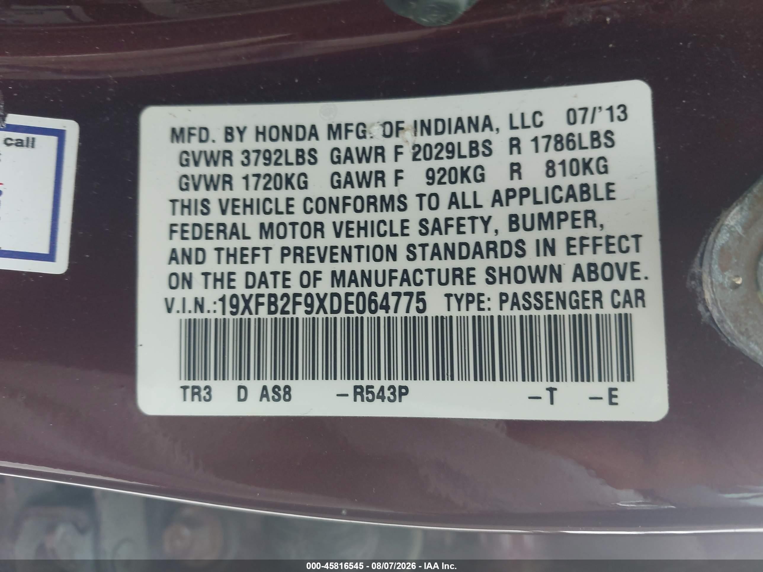 2013 Honda Civic Ex-l Maroon vin: 19XFB2F9XDE064775