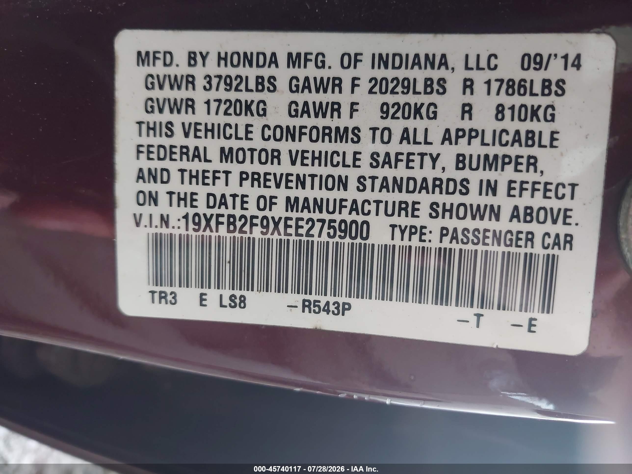 2014 Honda Civic Ex-l Red vin: 19XFB2F9XEE275900
