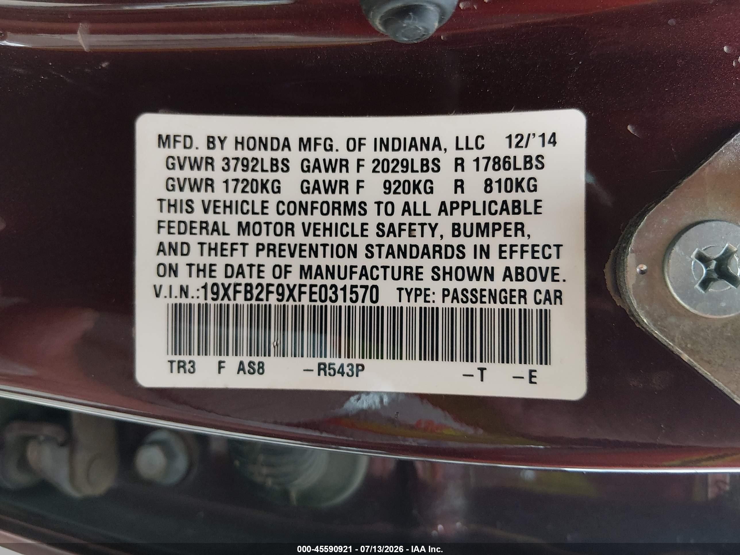 2015 Honda Civic Ex-l Burgundy vin: 19XFB2F9XFE031570