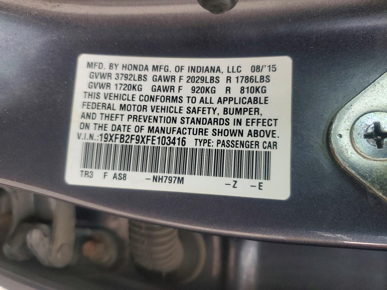 2015 Honda Civic Exl Gray vin: 19XFB2F9XFE103416